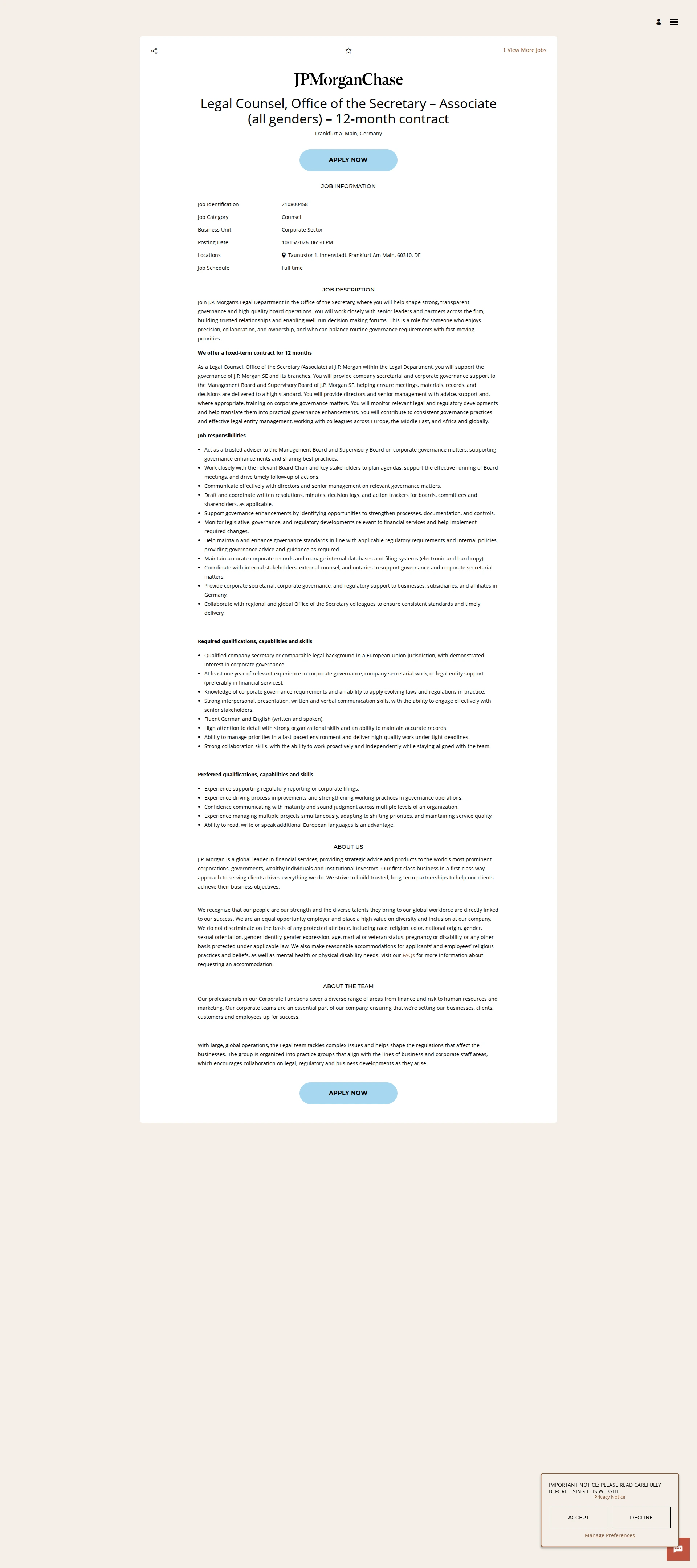 JPMorganChase Legal Counsel, Office of the Secretary – Associate (all genders) – 12-month contract 채용공고