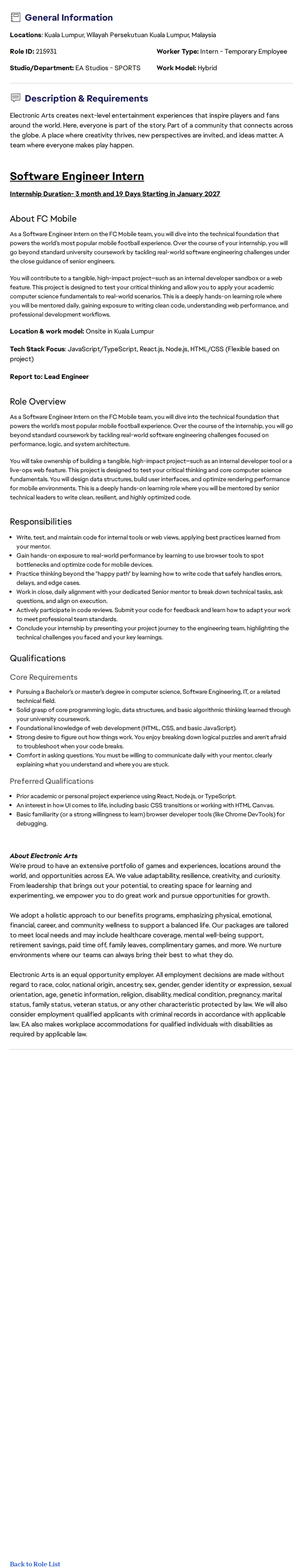 ElectronicArts Software Engineer Intern 채용공고