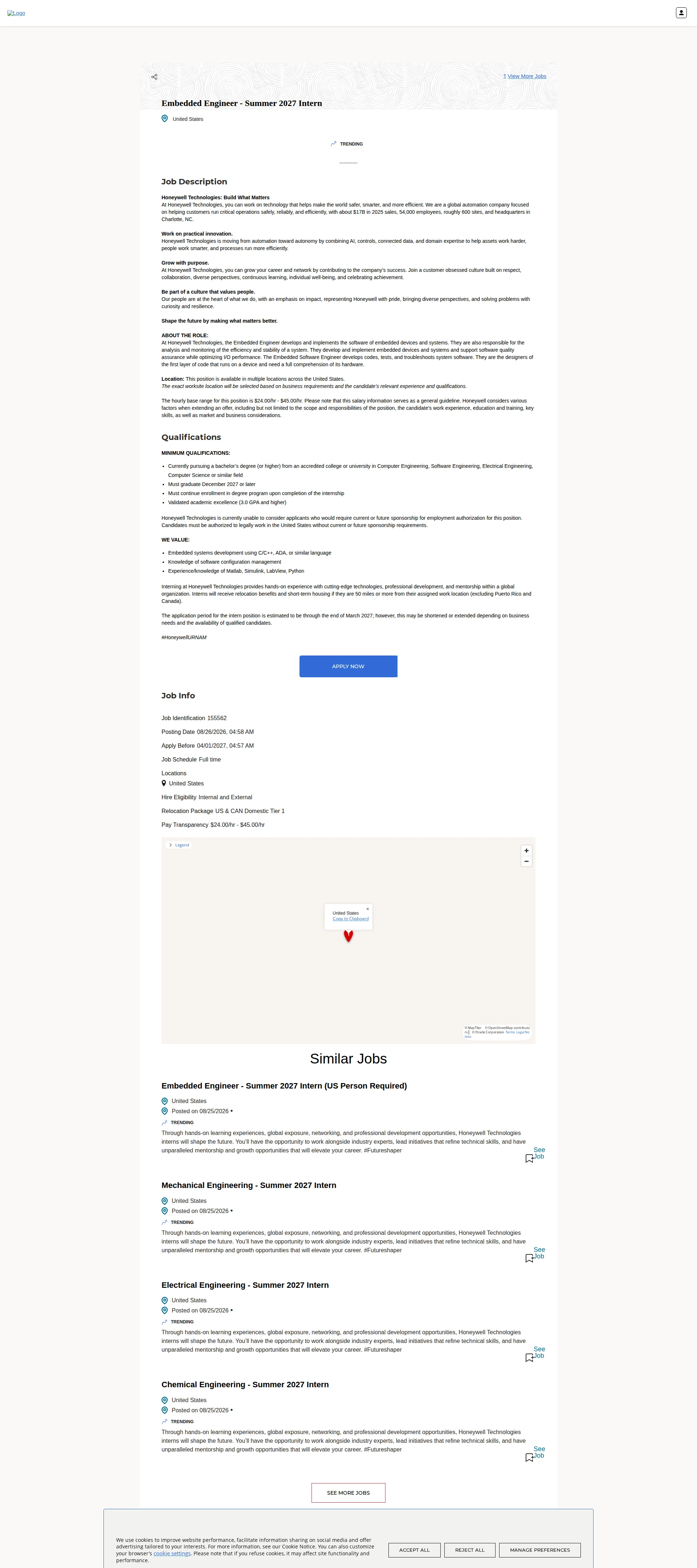 허니웰 Embedded Engineer - Summer 2027 Intern 채용공고