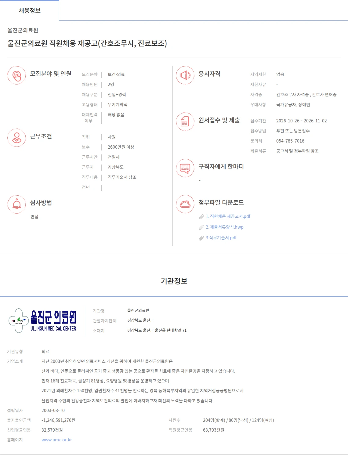 울진군의료원 울진군의료원 직원채용 재공고(간호조무사, 진료보조) 채용공고