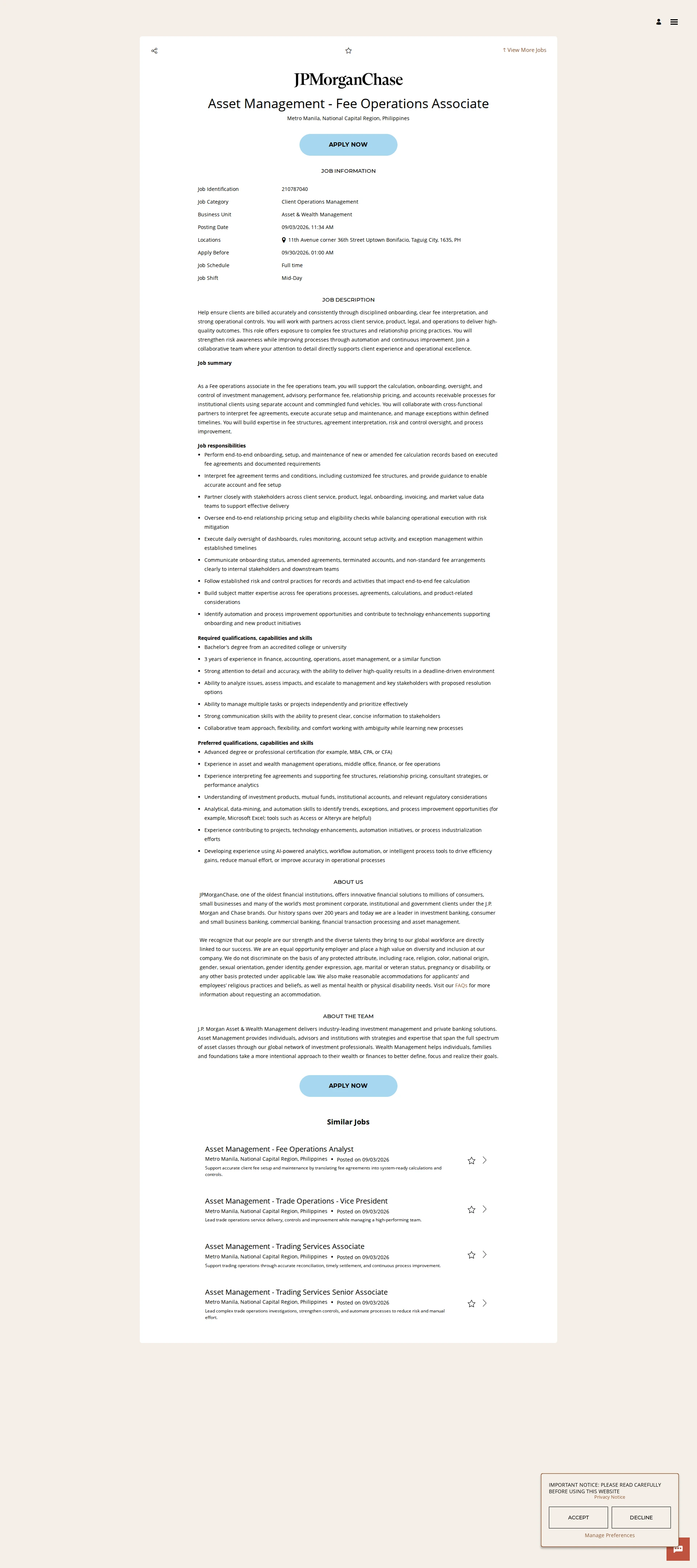 JPMorganChase Asset Management - Fee Operations Associate 채용공고