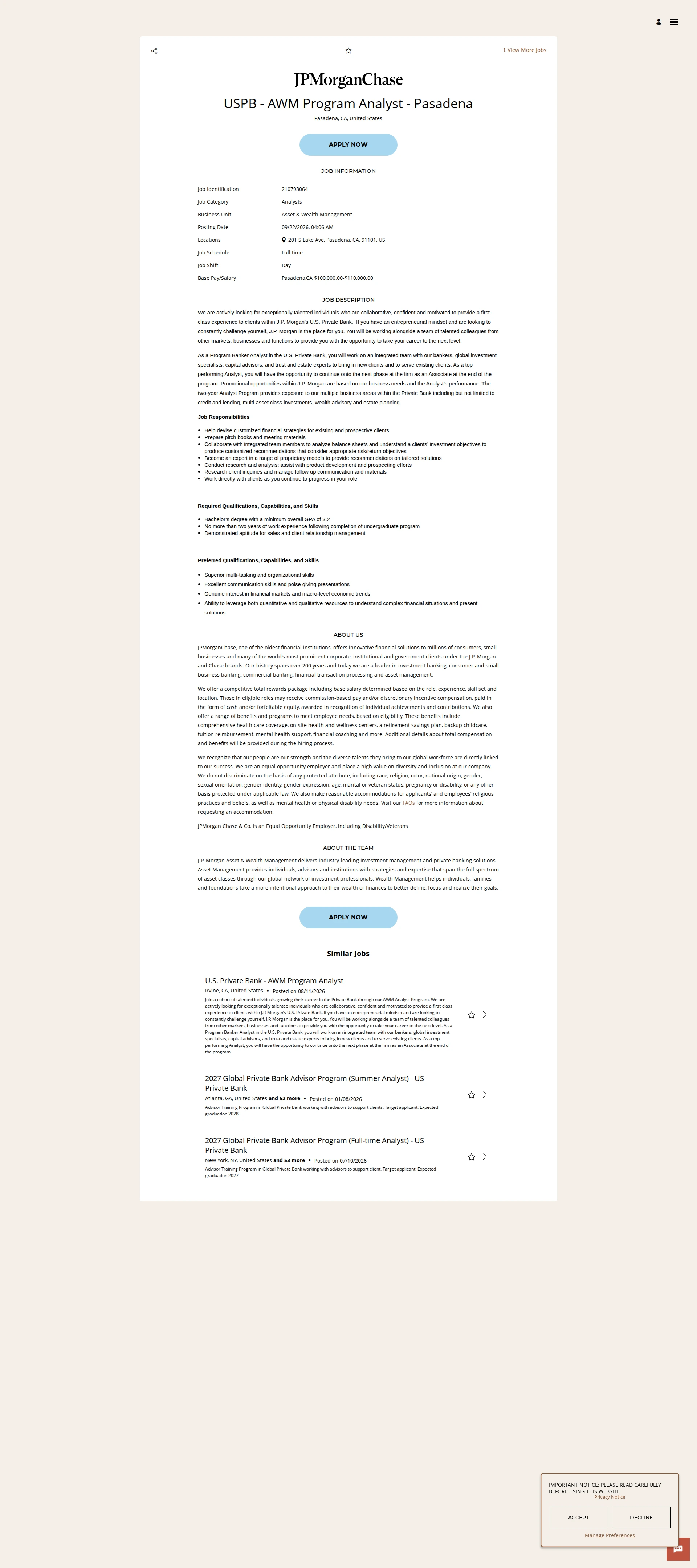 JPMorganChase USPB - AWM Program Analyst - Pasadena 채용공고