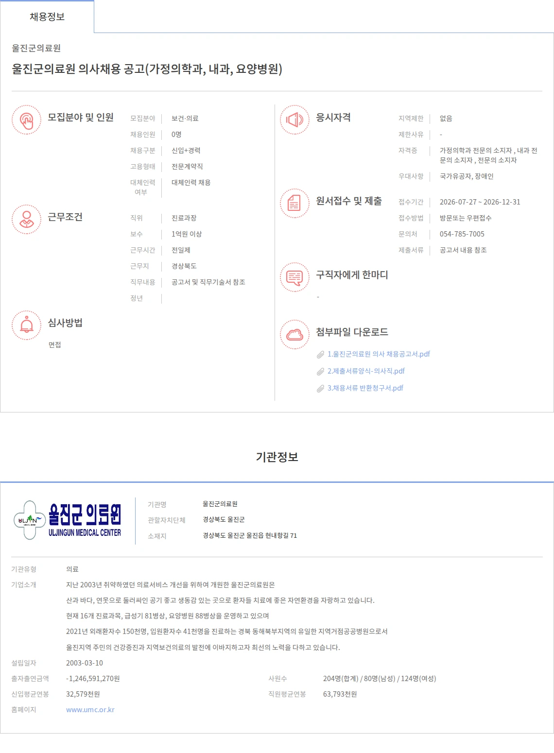 울진군의료원 울진군의료원 의사채용 공고(가정의학과, 내과, 요양병원) 채용공고