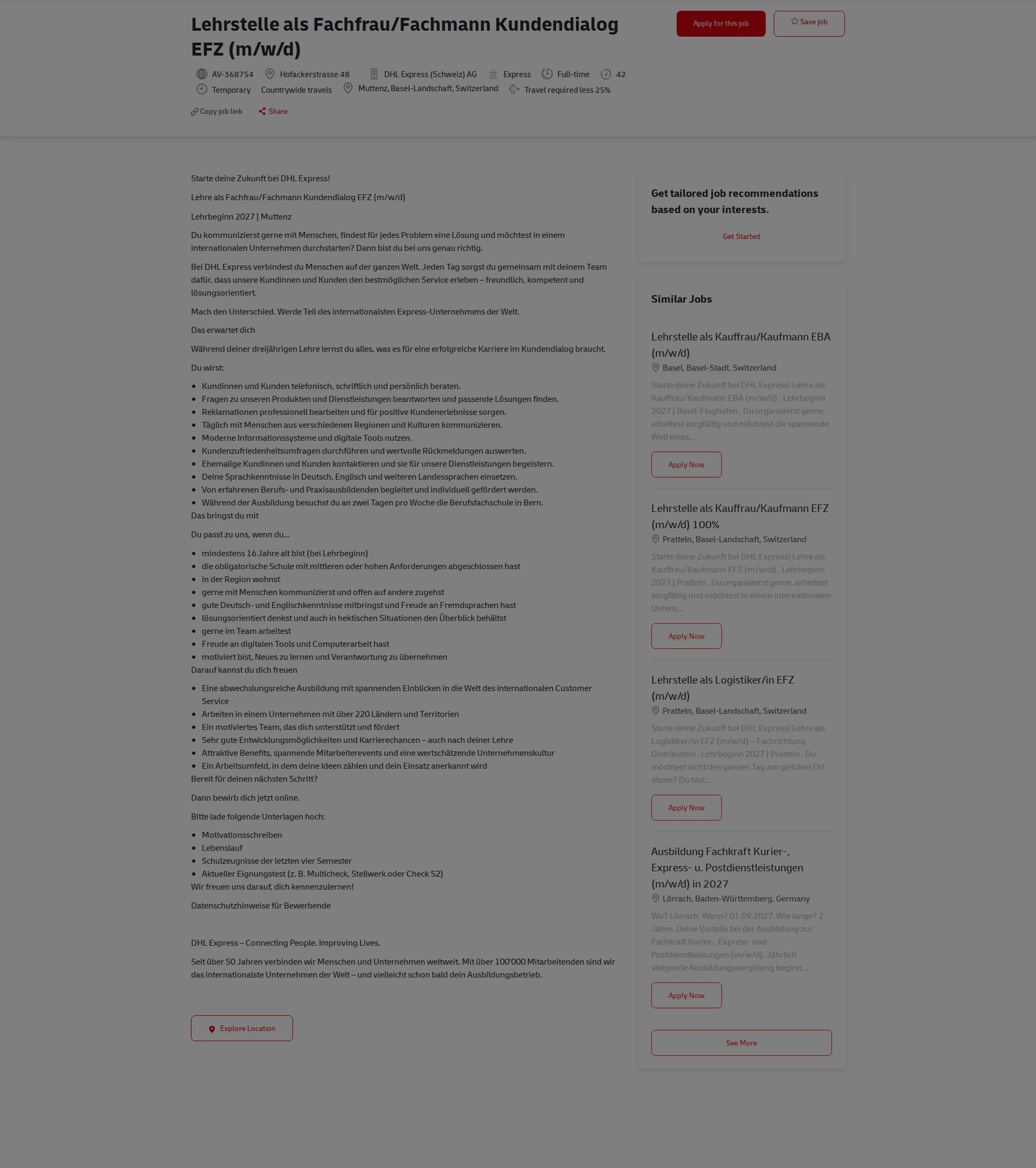 DHL Lehrstelle als Fachfrau/Fachmann Kundendialog EFZ (m/w/d) 채용공고