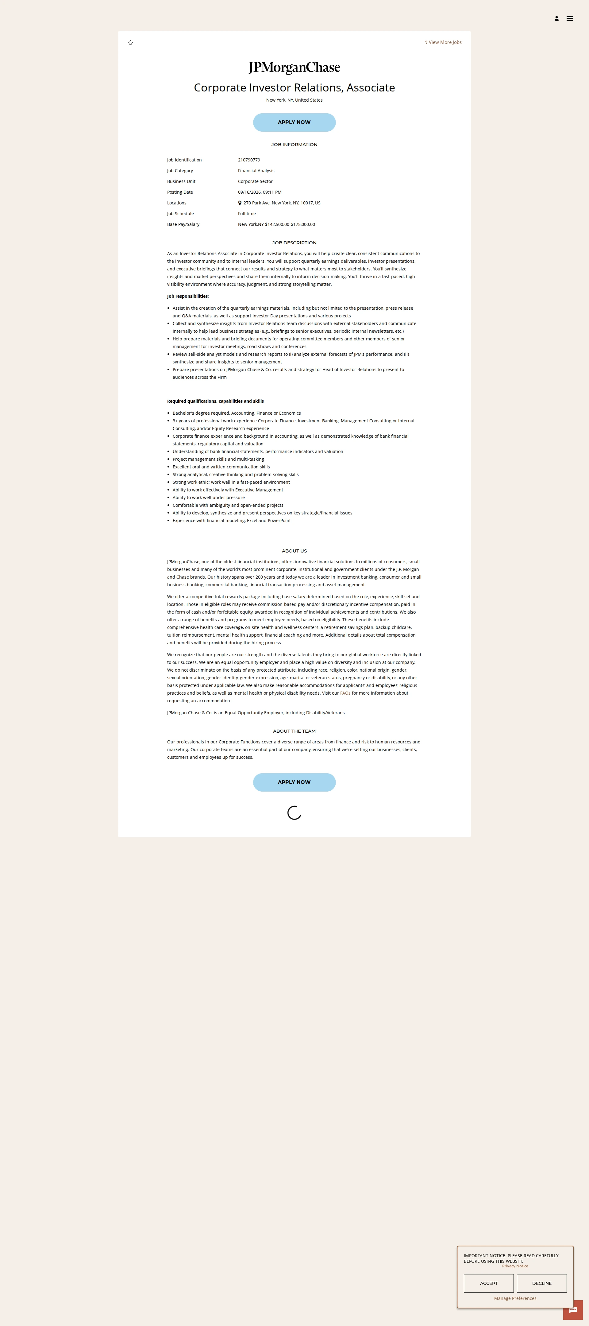 JPMorganChase Corporate Investor Relations, Associate 채용공고