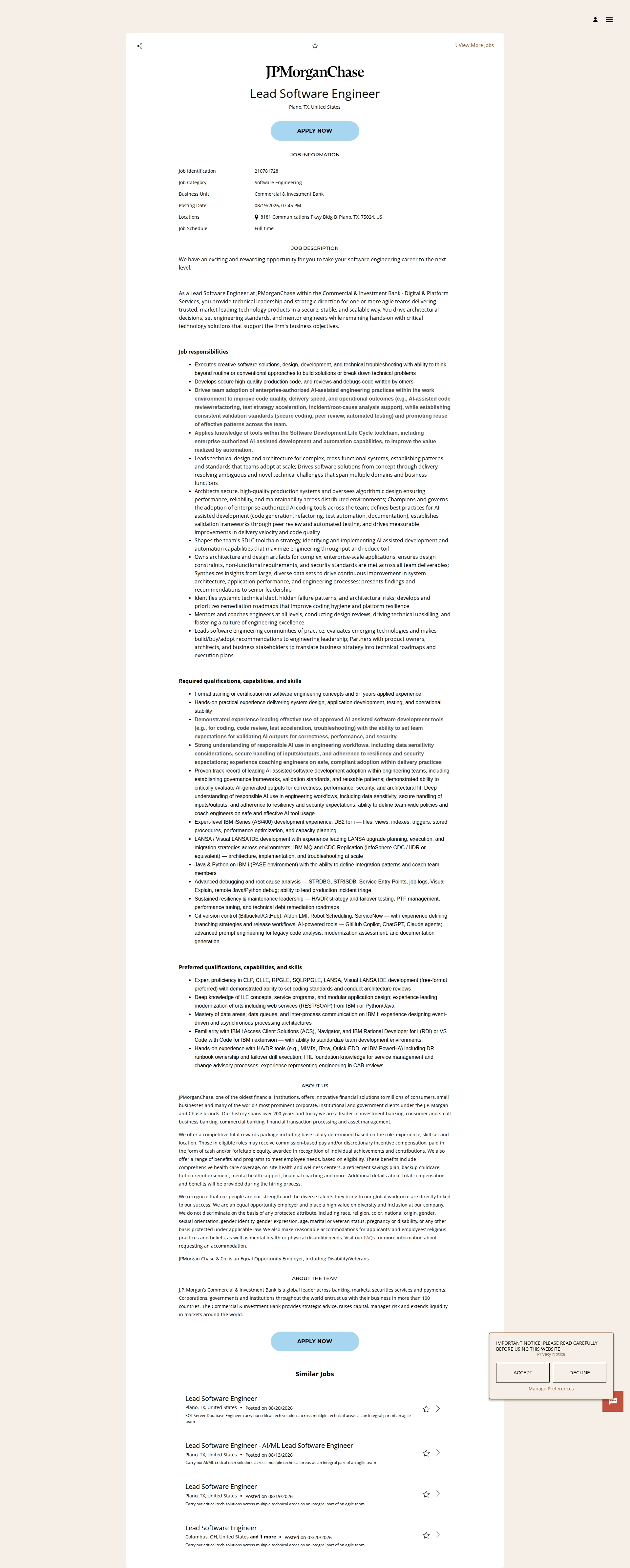 JPMorganChase Lead Software Engineer 채용공고