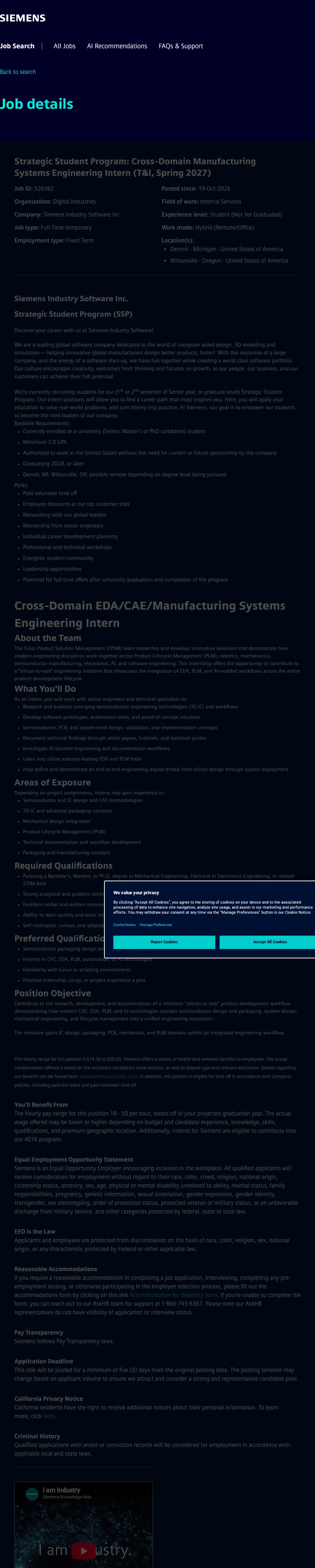 지멘스 Strategic Student Program: Cross-Domain Manufacturing Systems Engineering Intern (T&I, Spring 2027) 채용공고