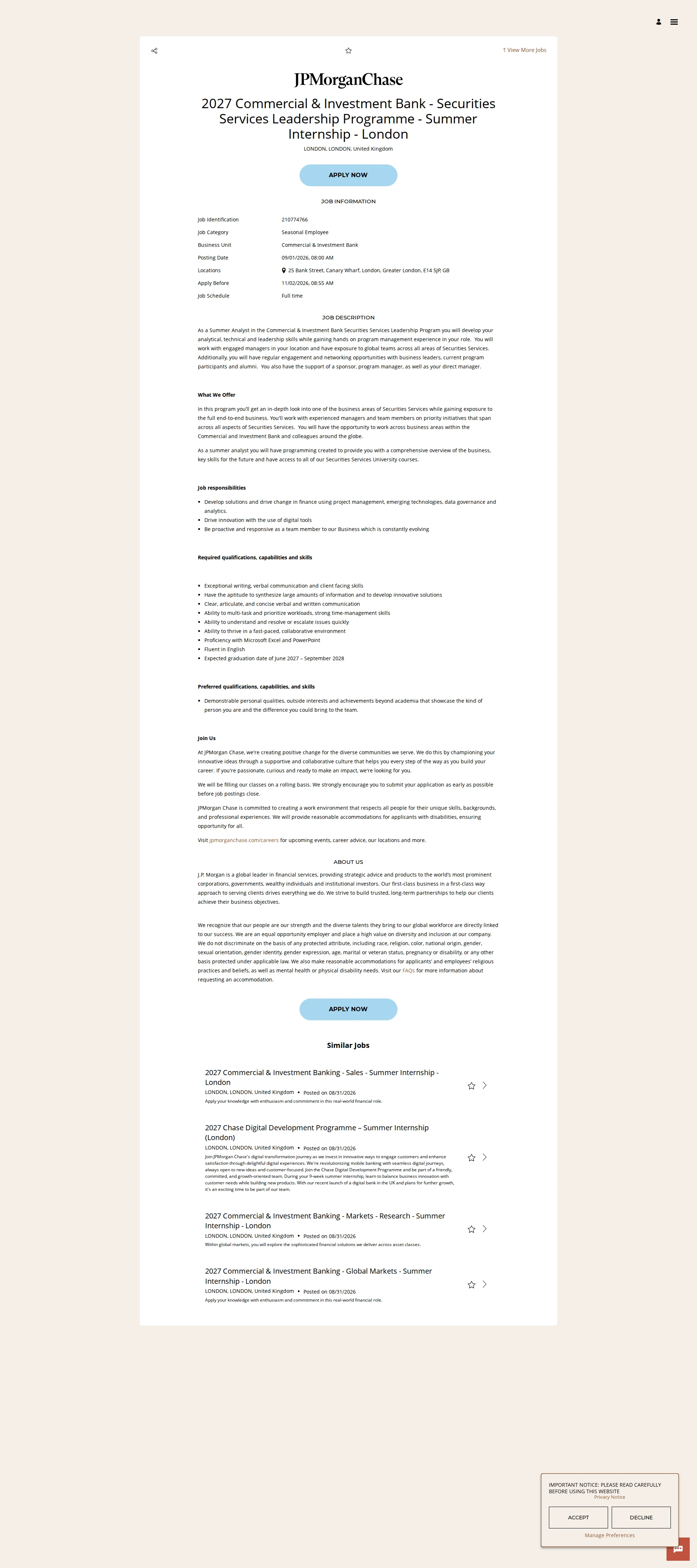 JPMorganChase 2027 Commercial & Investment Bank - Securities Services Leadership Programme - Summer Internship - London 채용공고