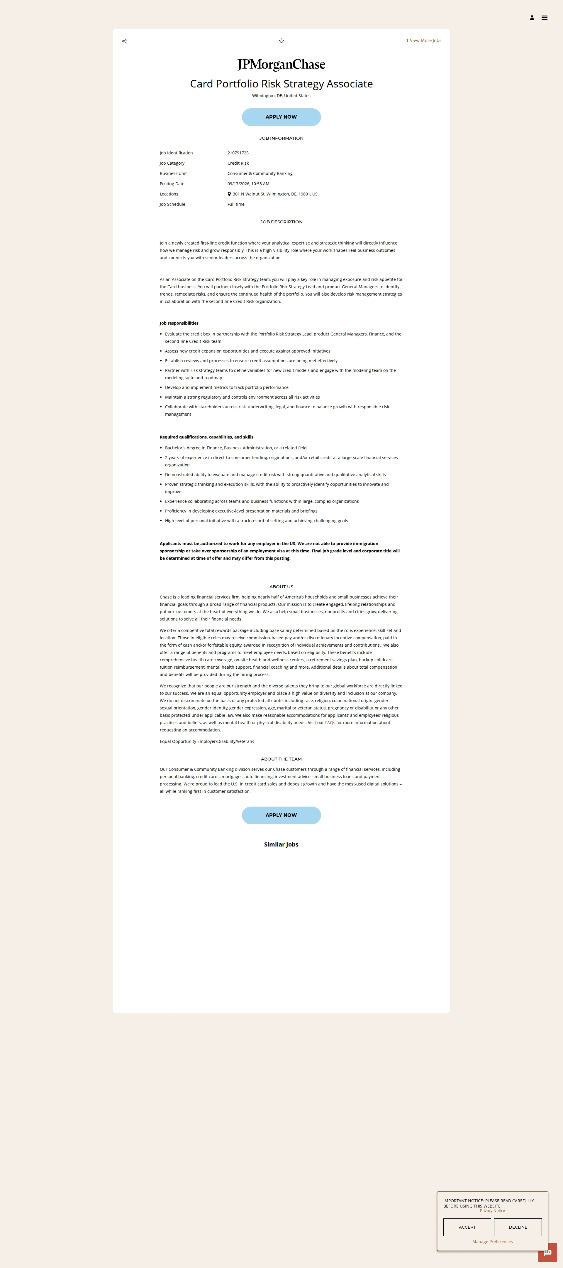 JPMorganChase Card Portfolio Risk Strategy Associate 채용공고