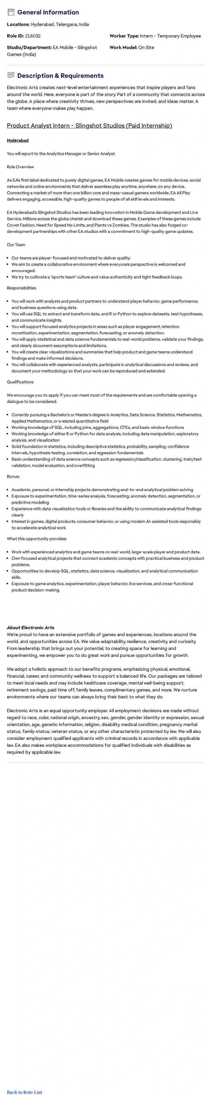 ElectronicArts Product Analyst Intern 채용공고