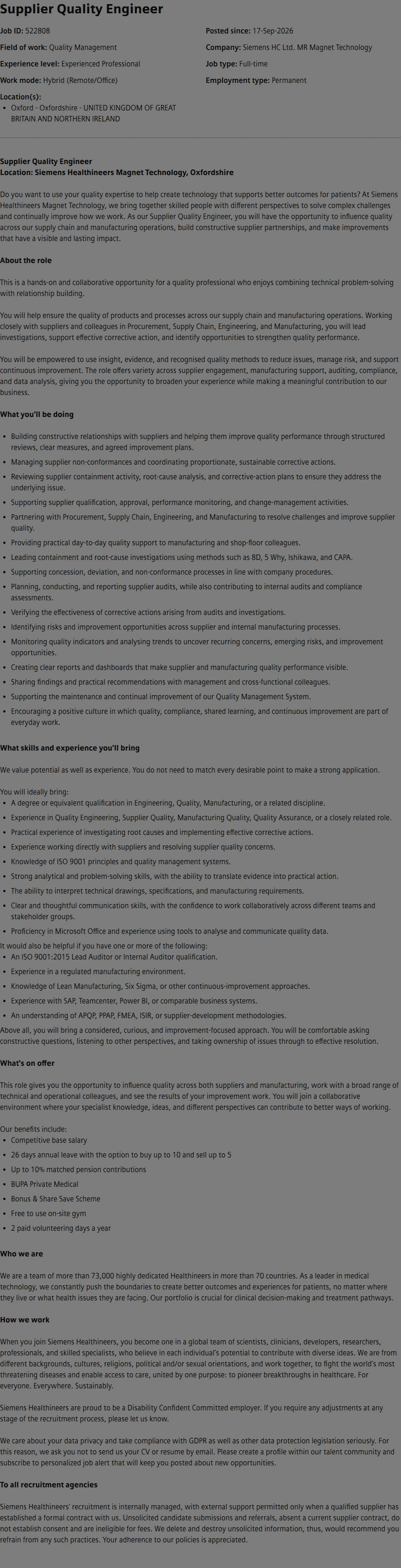 SiemensHealthineers Supplier Quality Engineer 채용공고