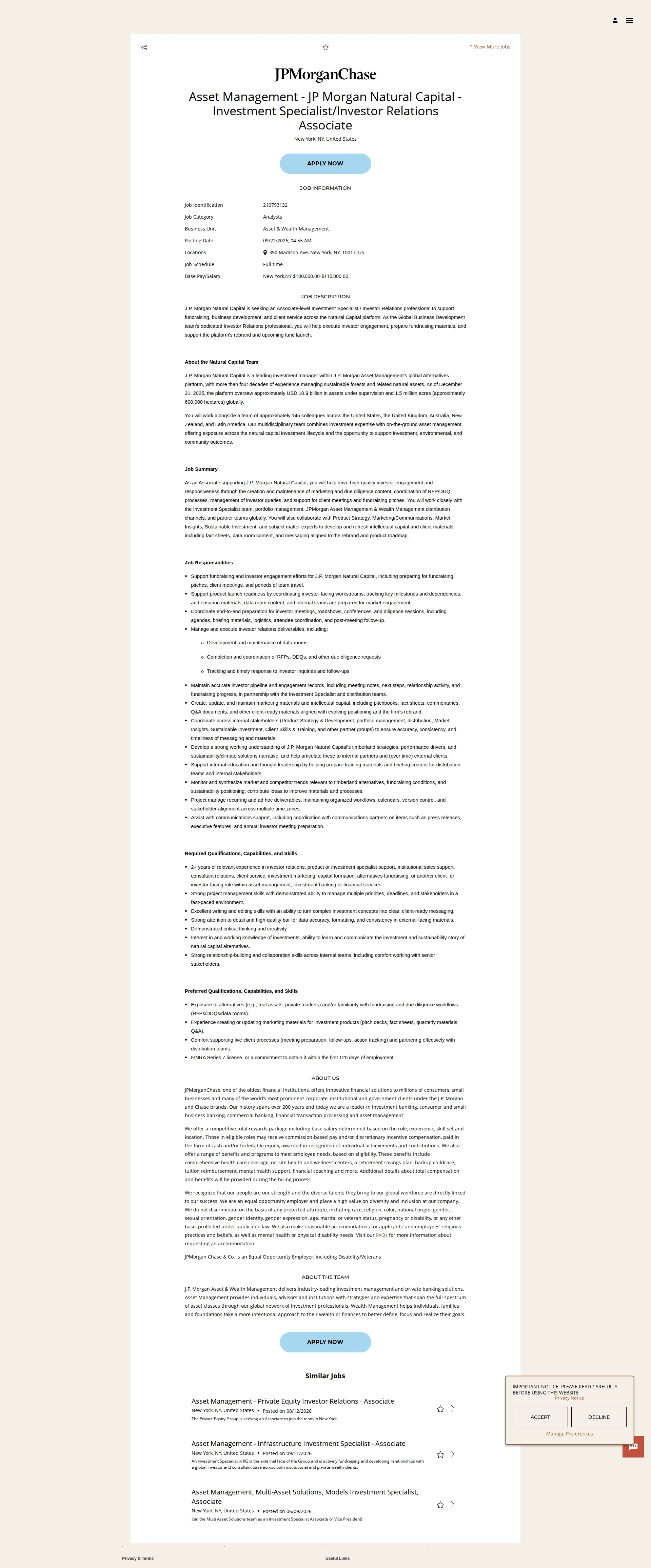 JPMorganChase Asset Management - JP Morgan Natural Capital - Investment Specialist/Investor Relations Associate 채용공고