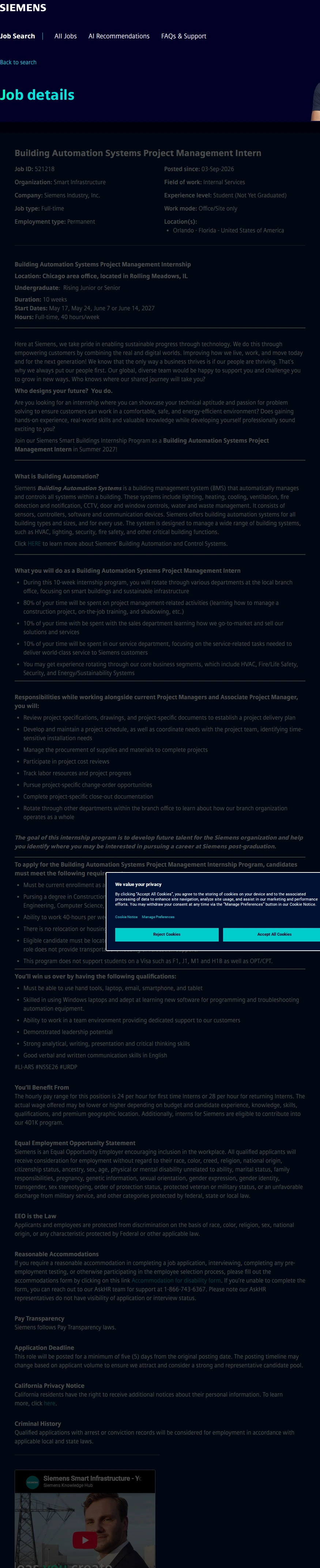 지멘스 Building Automation Systems Project Management Intern 채용공고