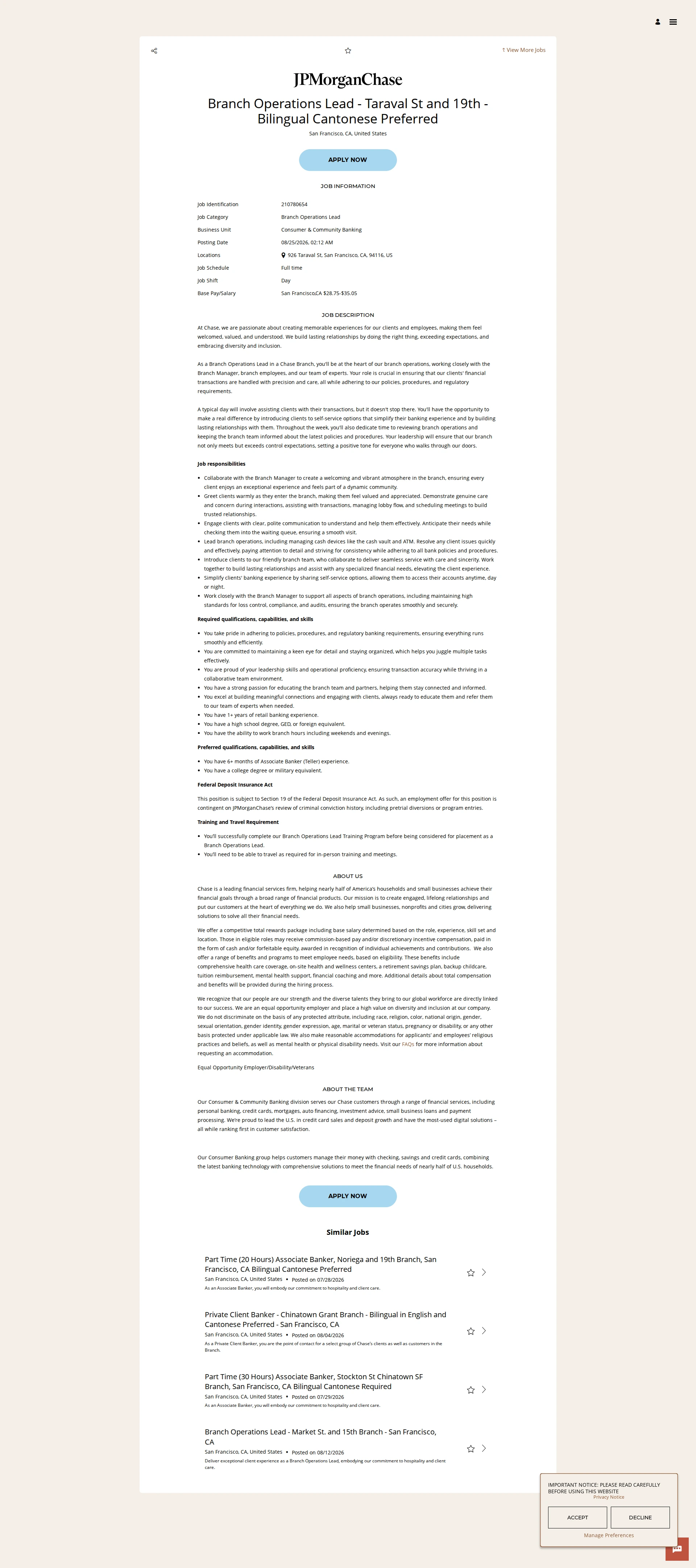JPMorganChase Branch Operations Lead - Taraval St and 19th - Bilingual Cantonese Preferred 채용공고