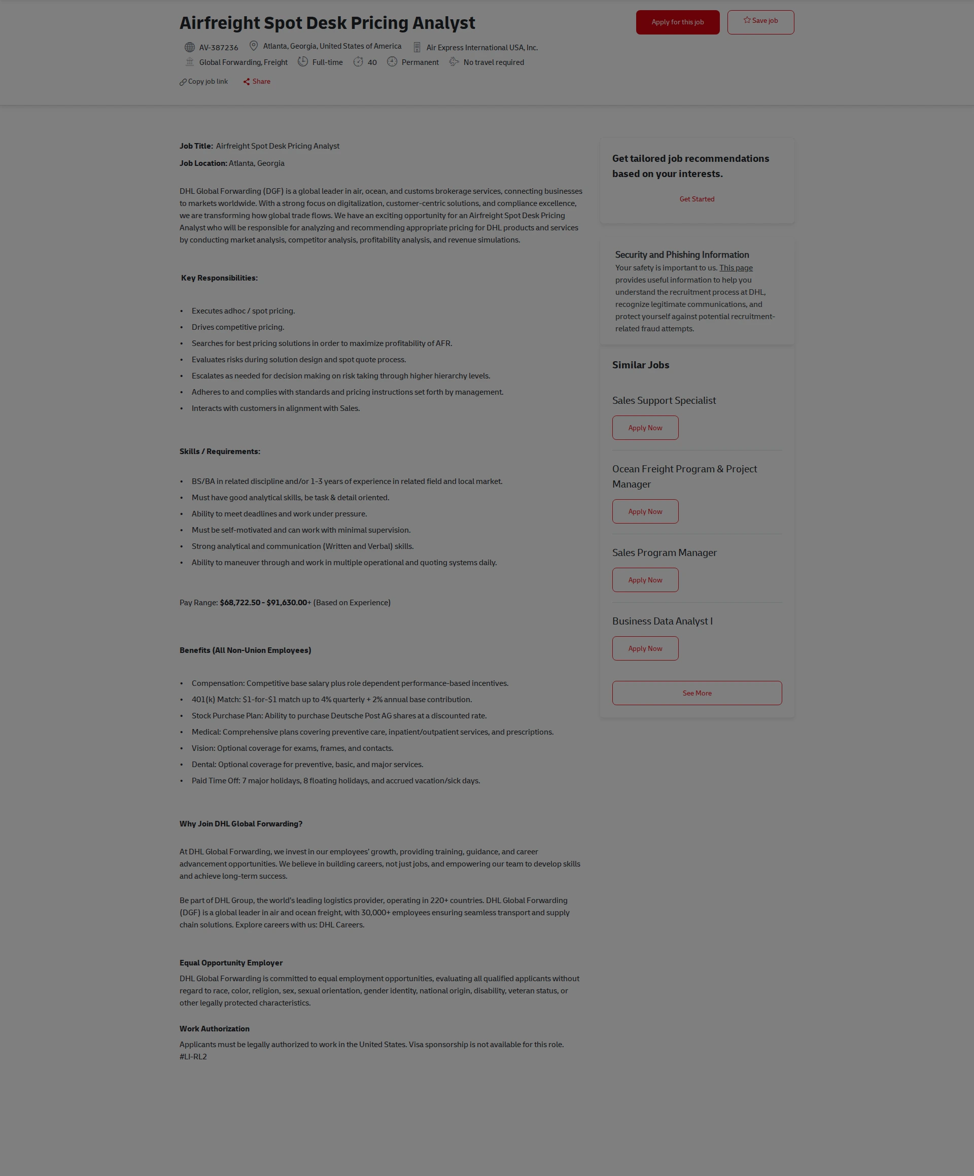 DHL Airfreight Spot Desk Pricing Analyst 채용공고