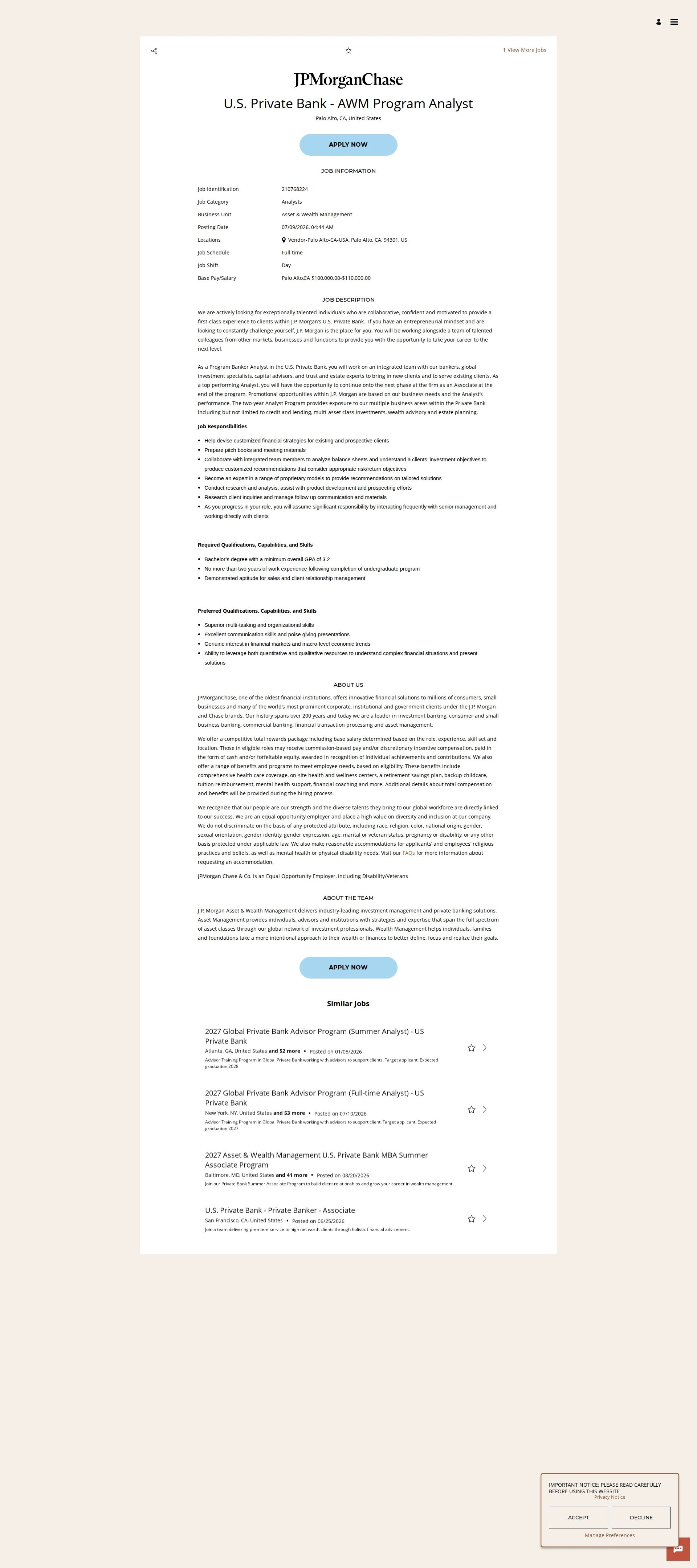 JPMorganChase U.S. Private Bank - AWM Program Analyst 채용공고