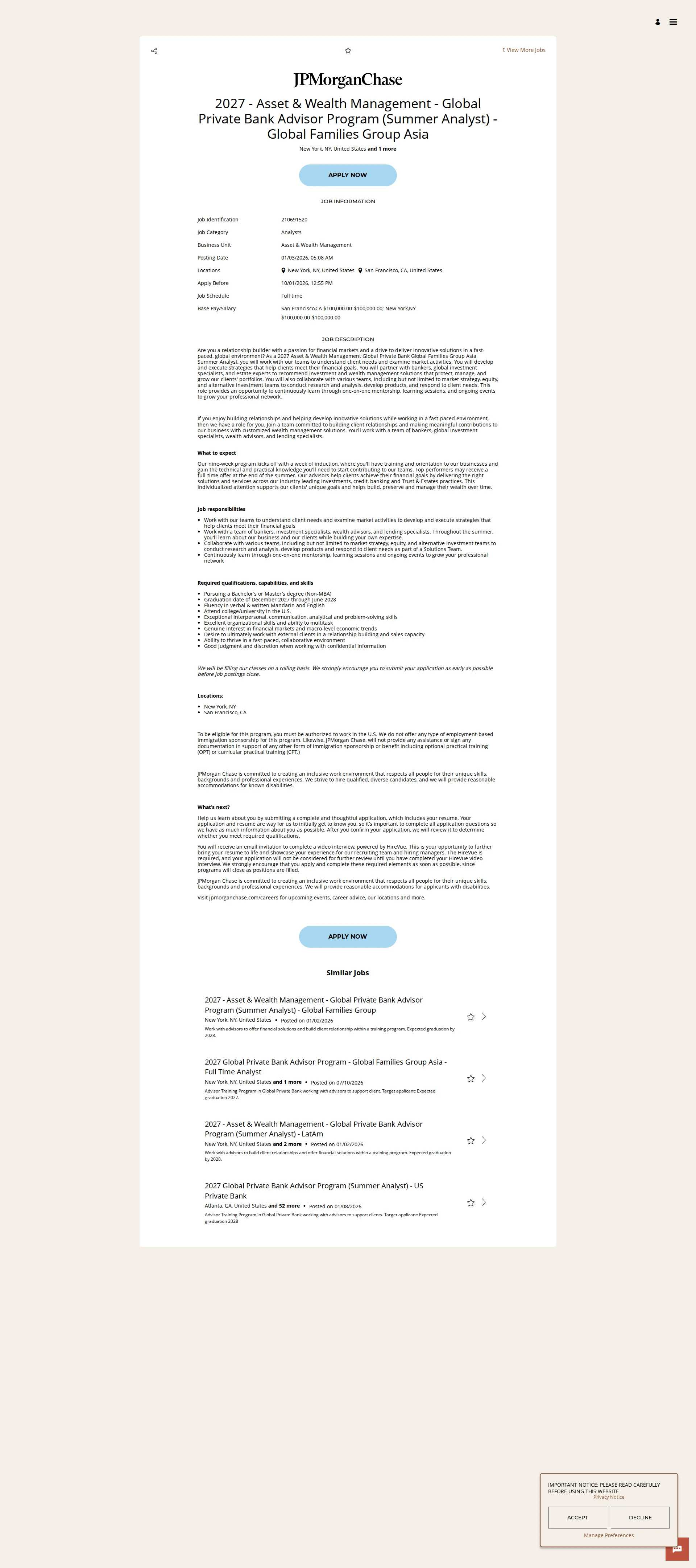 JPMorganChase 2027 - Asset & Wealth Management - Global Private Bank Advisor Program (Summer Analyst) - Global Families Group Asia 채용공고