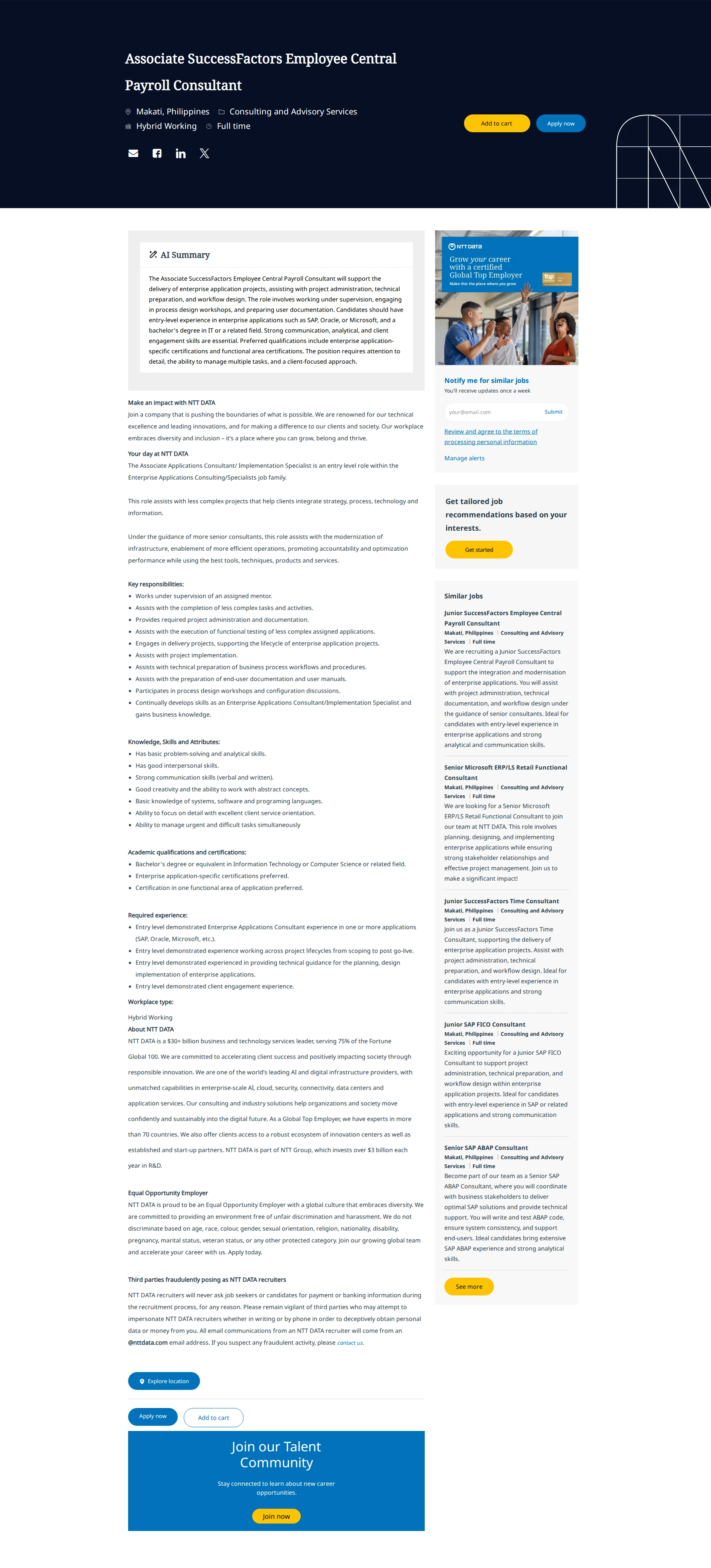 NTT데이터 Associate SuccessFactors Employee Central Payroll Consultant 채용공고
