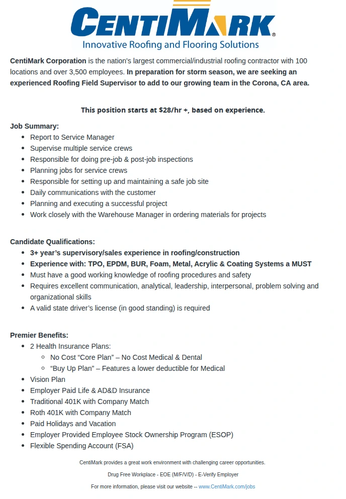 CentiMark Corporation Roofing Service Field Supervisor 채용공고