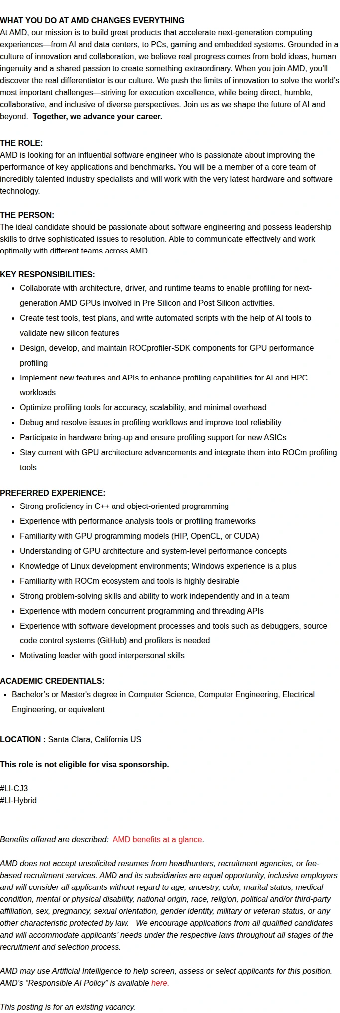 AMD Staff Software Development Engineer - AI Profiler Tools 채용공고