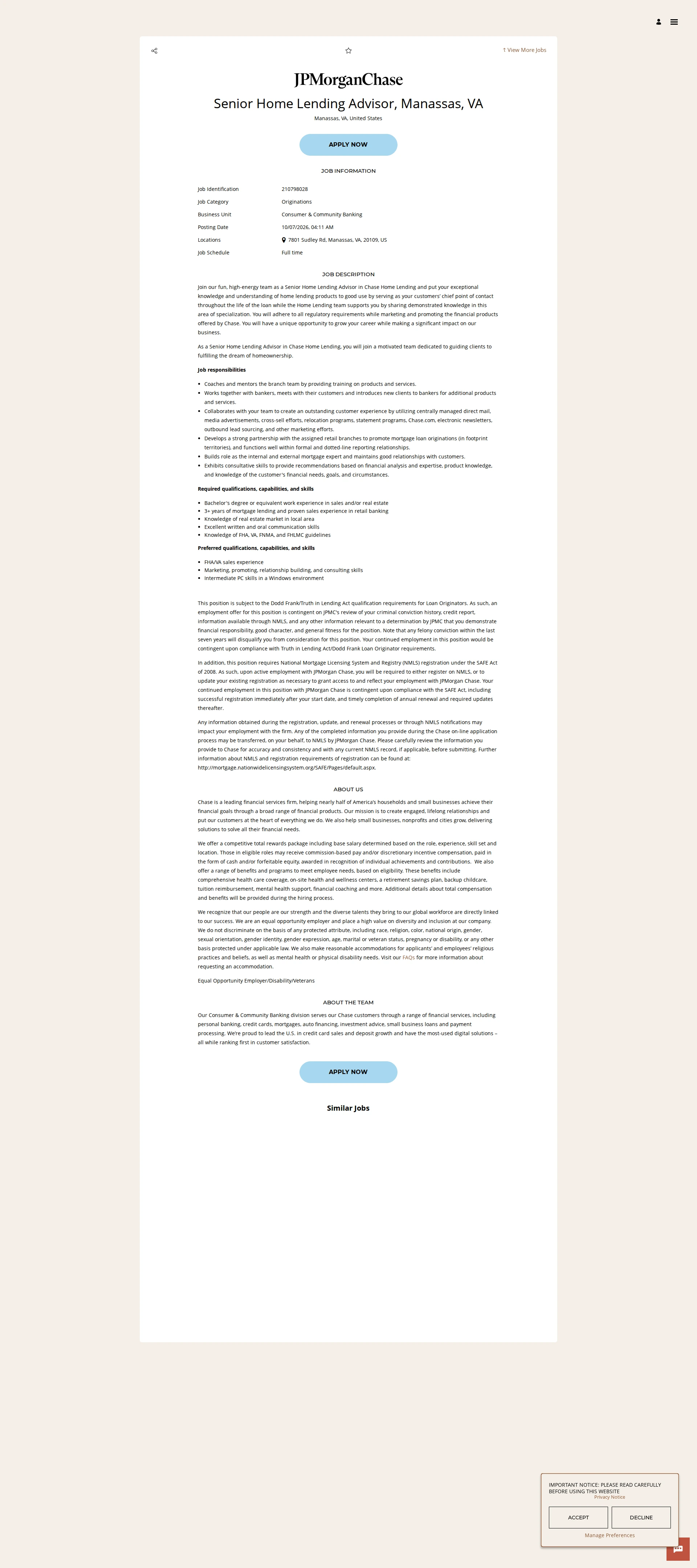 JPMorganChase Senior Home Lending Advisor, Manassas, VA 채용공고