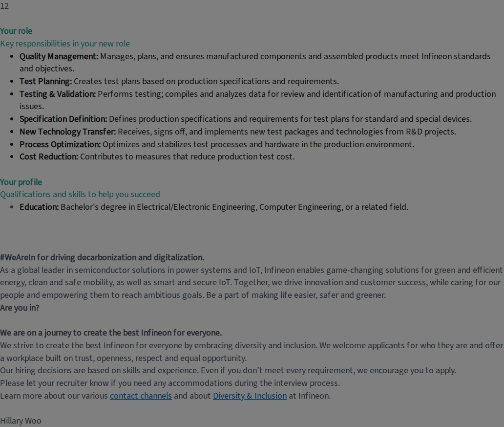 인피니언테크놀로지스코리아 Internship - Product Test Engineer 채용공고