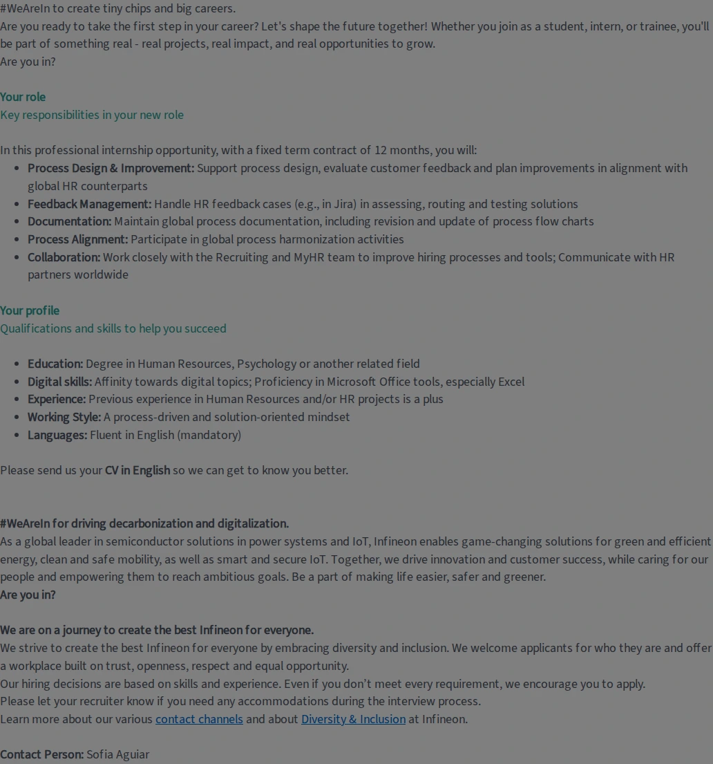 인피니언 HR Global Service Design Trainee (f/m/div) 채용공고