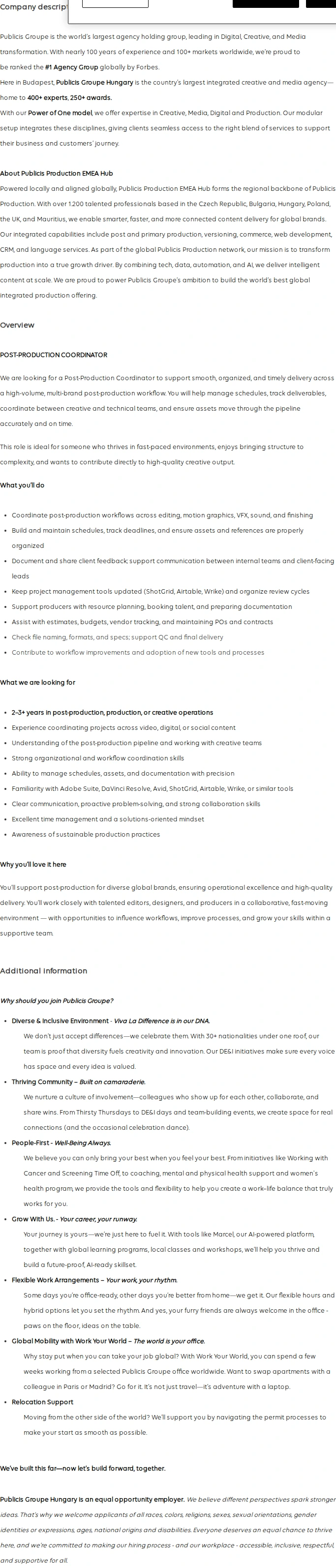 Publicis Groupe Post-Production Coordinator 채용공고