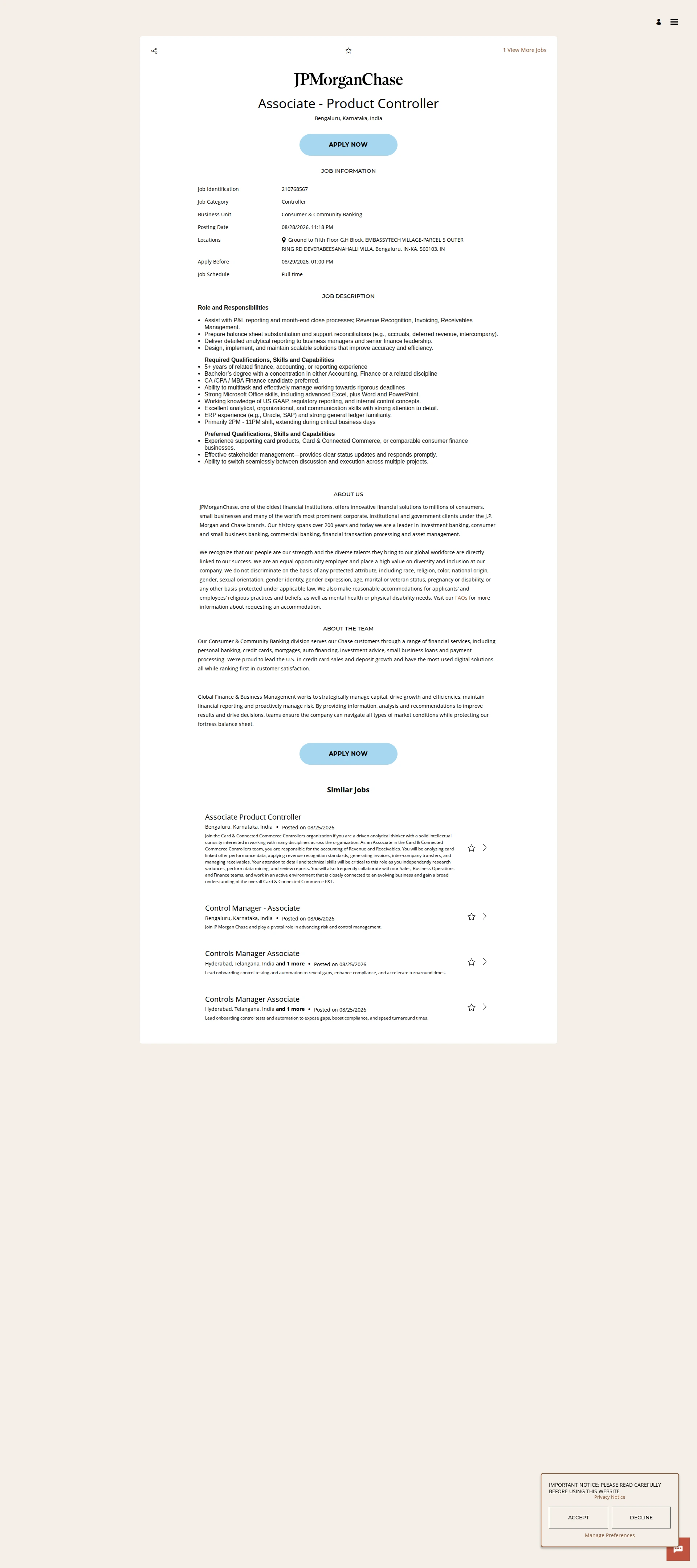 JPMorganChase Associate - Product Controller 채용공고