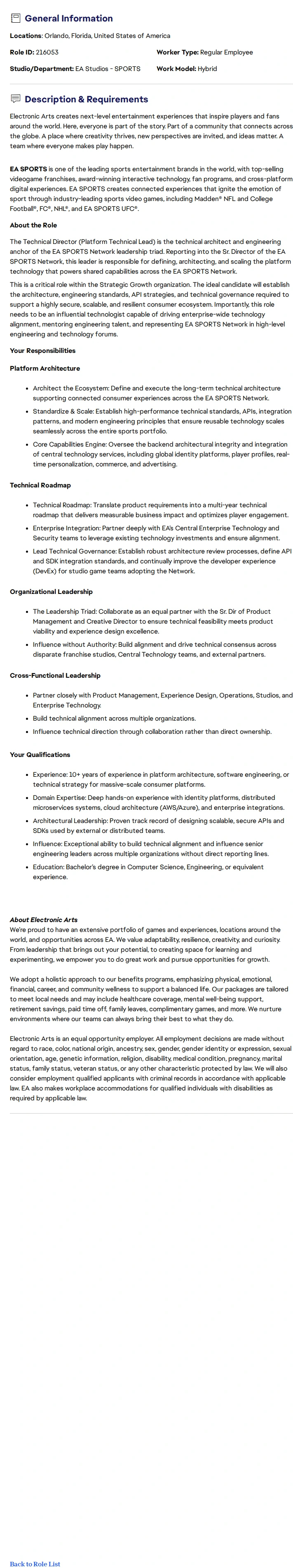 ElectronicArts Platform Technical Lead - Tiburon 채용공고