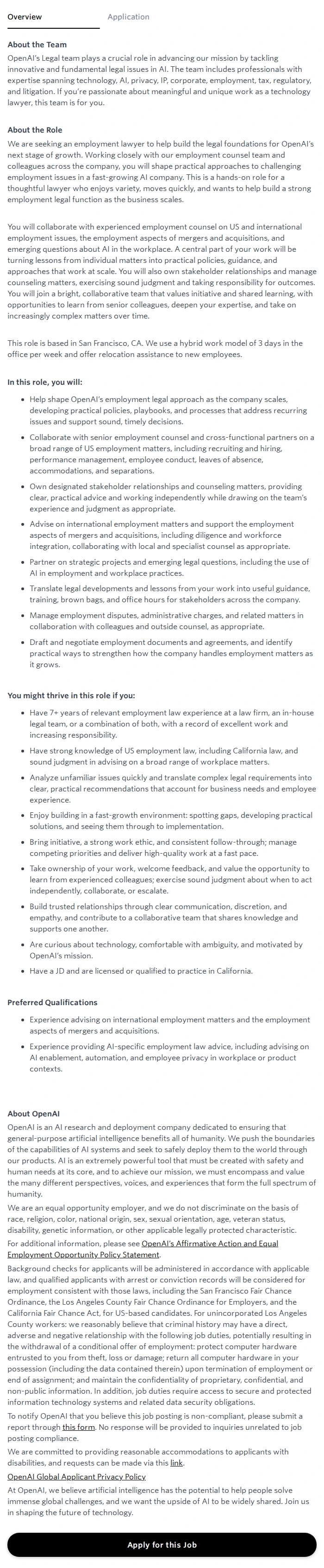 오픈에이아이(OpenAI) Counsel, Employment 채용공고