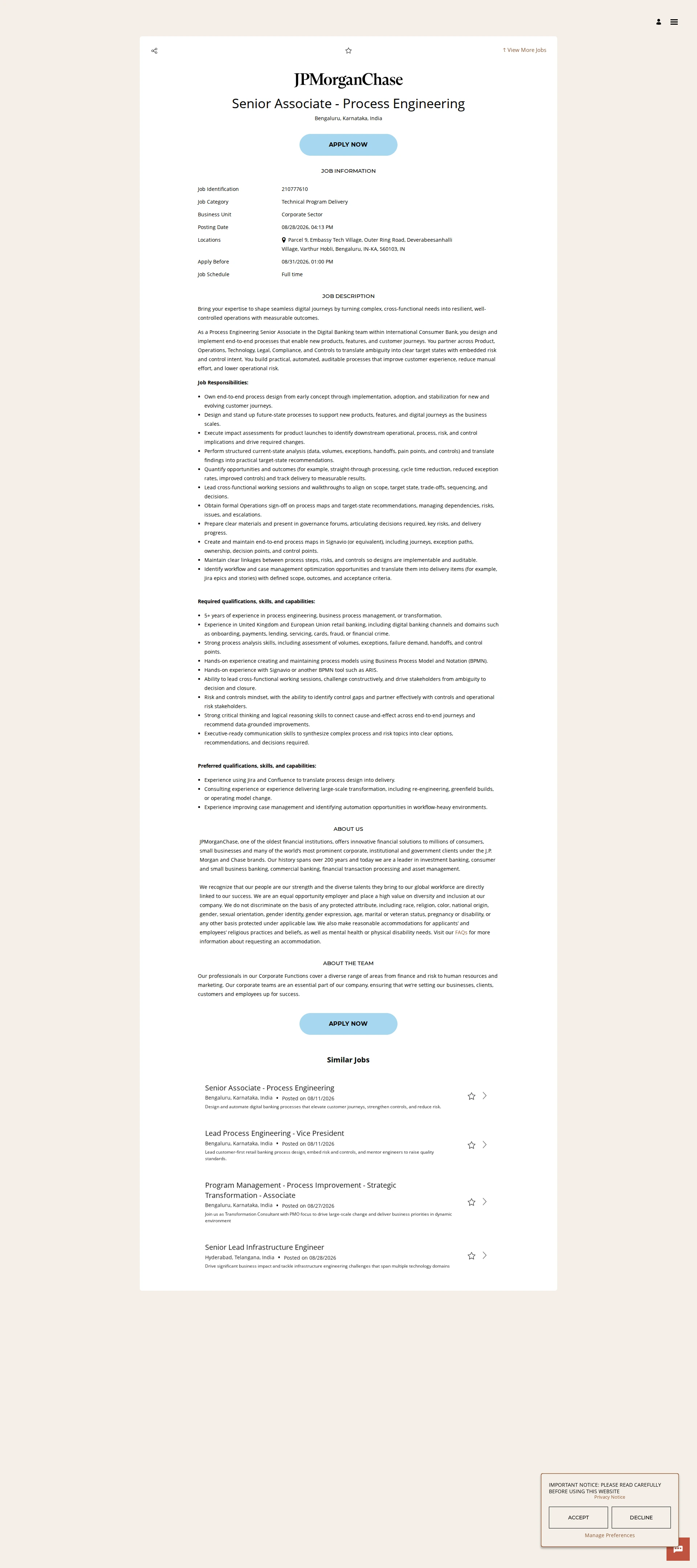 JPMorganChase Senior Associate - Process Engineering 채용공고