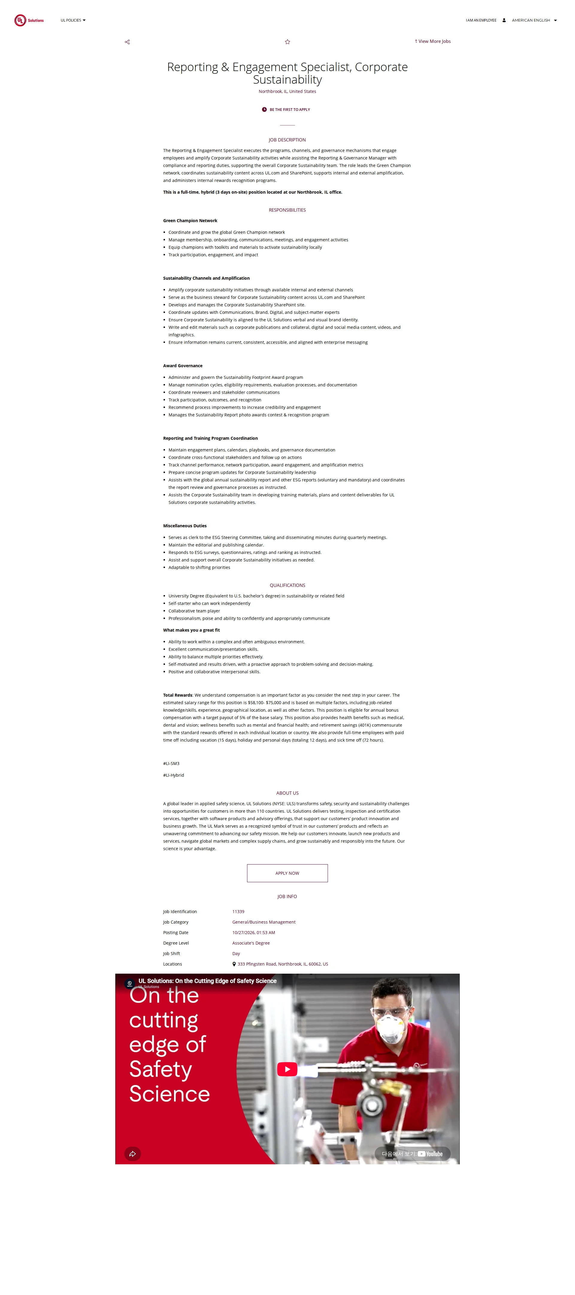 UL Solutions Reporting & Engagement Specialist, Corporate Sustainability 채용공고