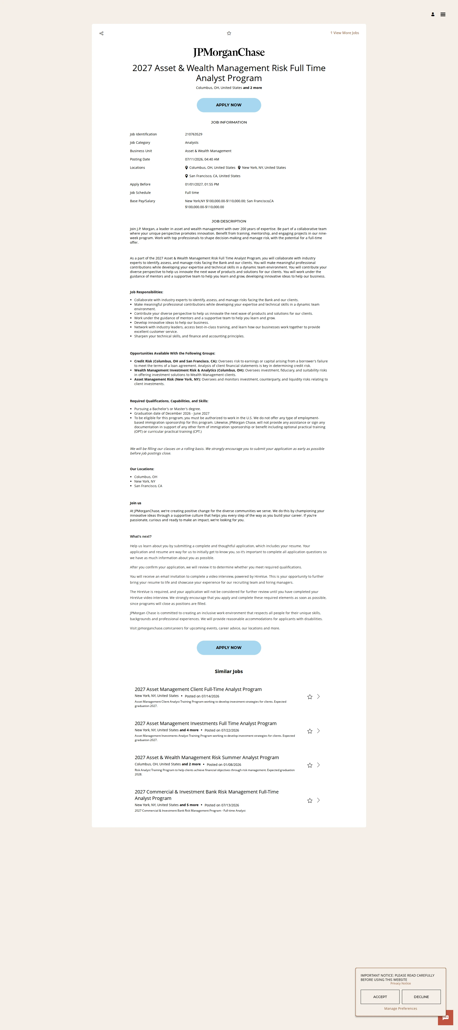 JPMorganChase 2027 Asset & Wealth Management Risk Full Time Analyst Program 채용공고