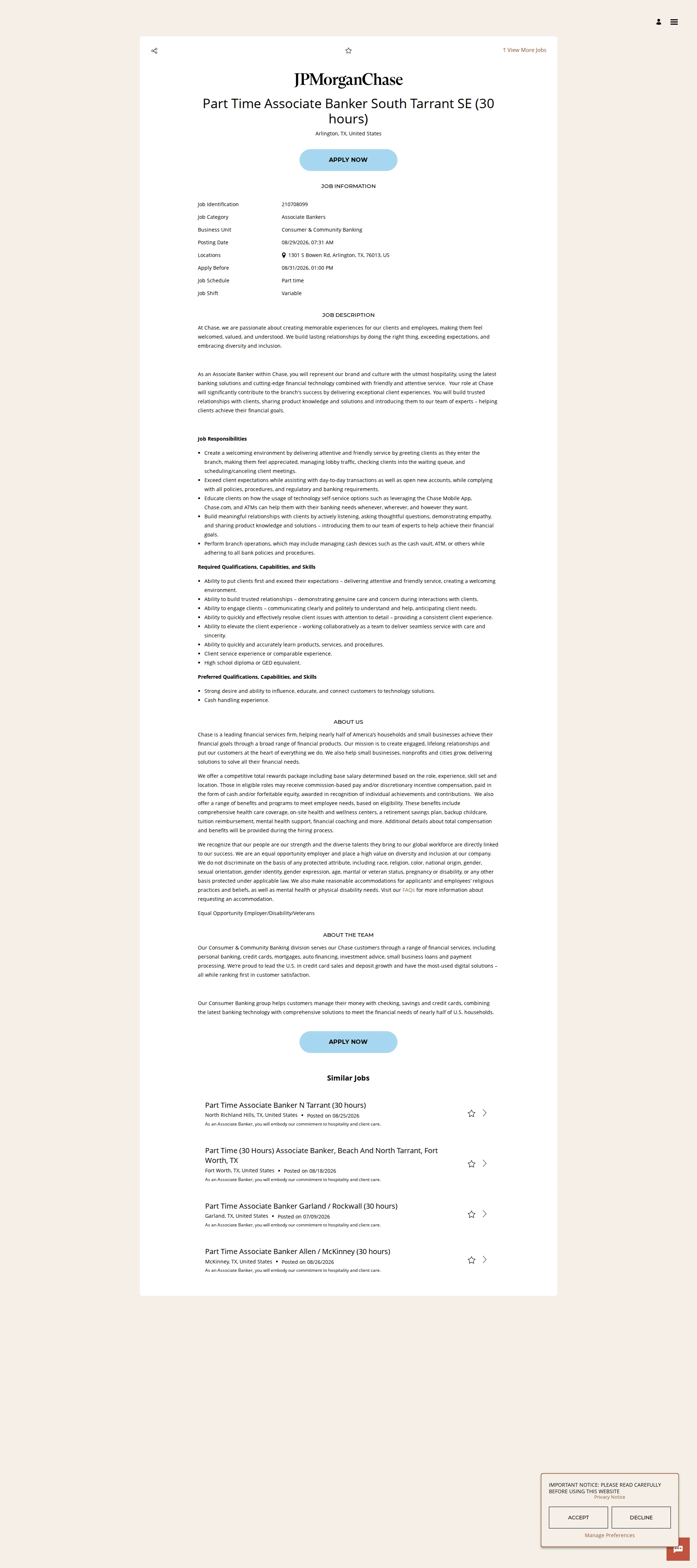 JPMorganChase Part Time Associate Banker South Tarrant SE (30 hours) 채용공고