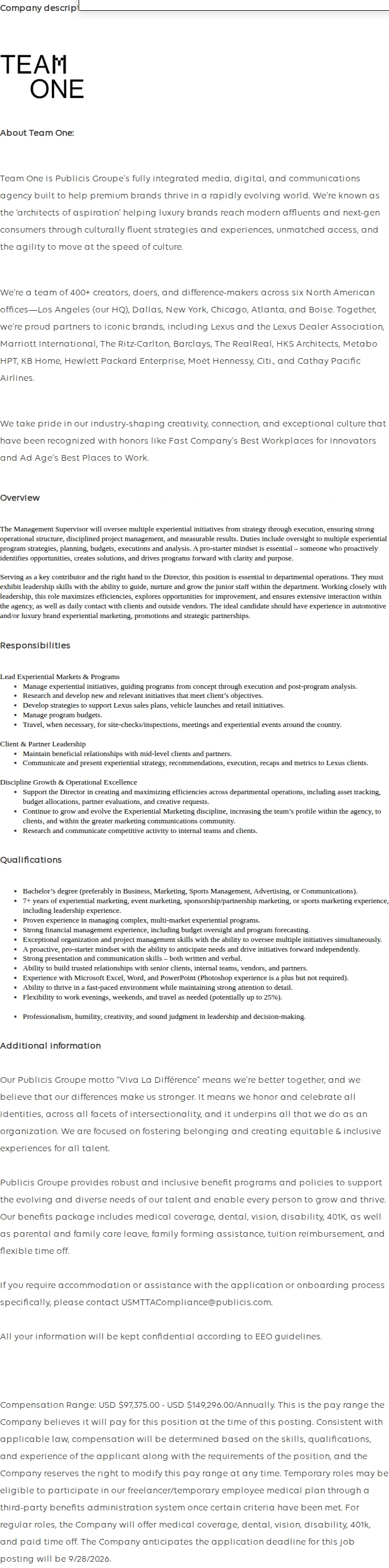 Publicis Groupe Management Supervisor, Experiential 채용공고