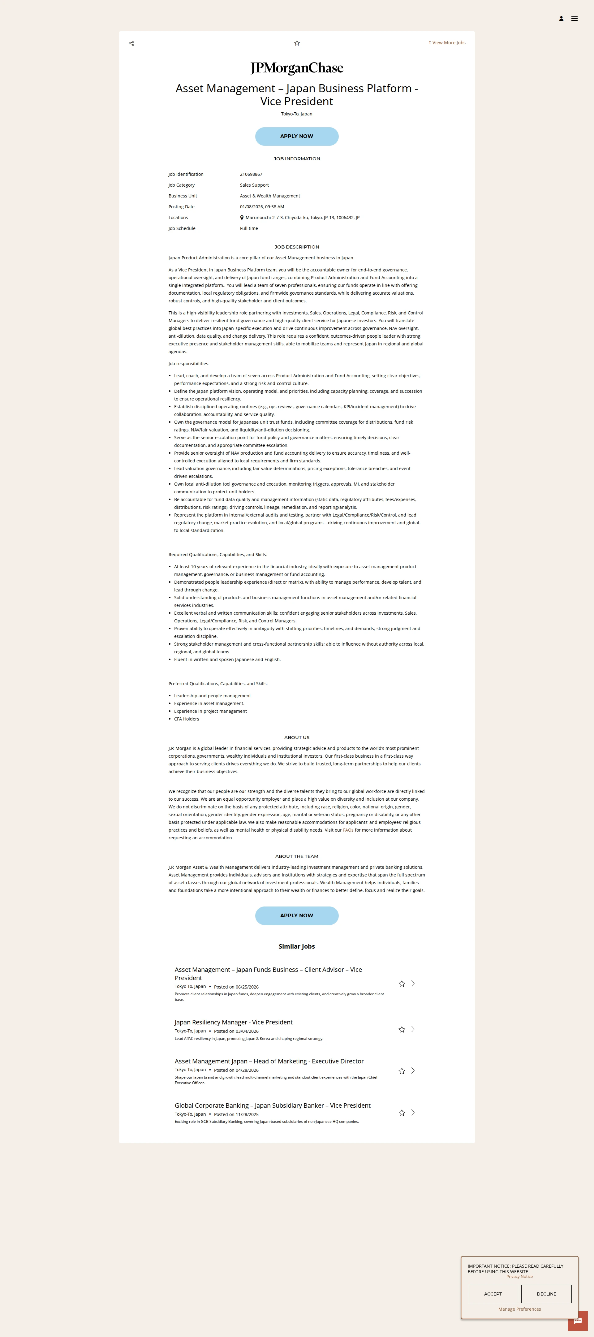 JPMorganChase Asset Management – Japan Business Platform - Vice President 채용공고