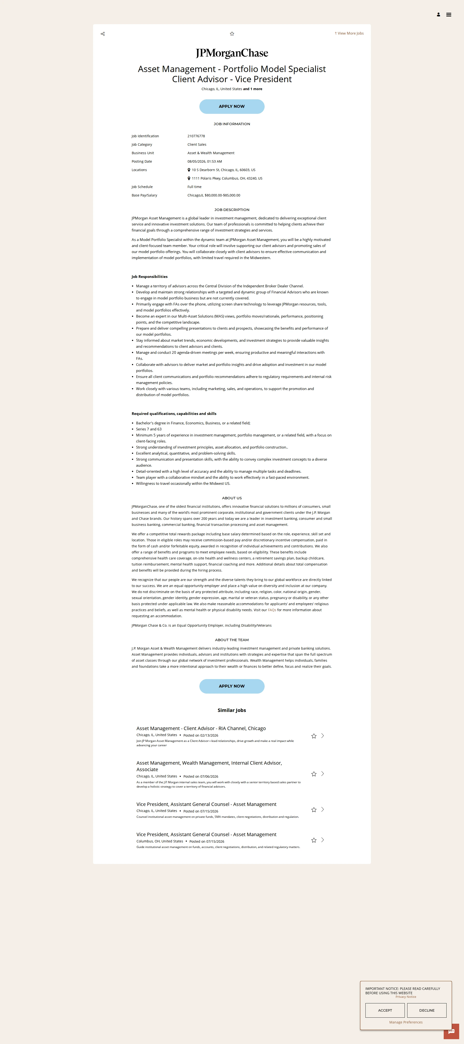 JPMorganChase Asset Management - Portfolio Model Specialist Client Advisor - Vice President 채용공고