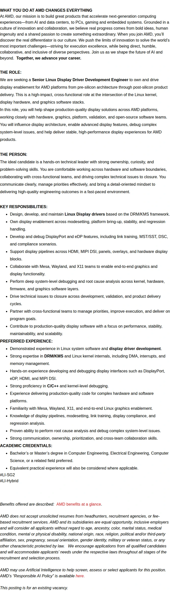AMD Senior Linux Display Driver Development Engineer 채용공고