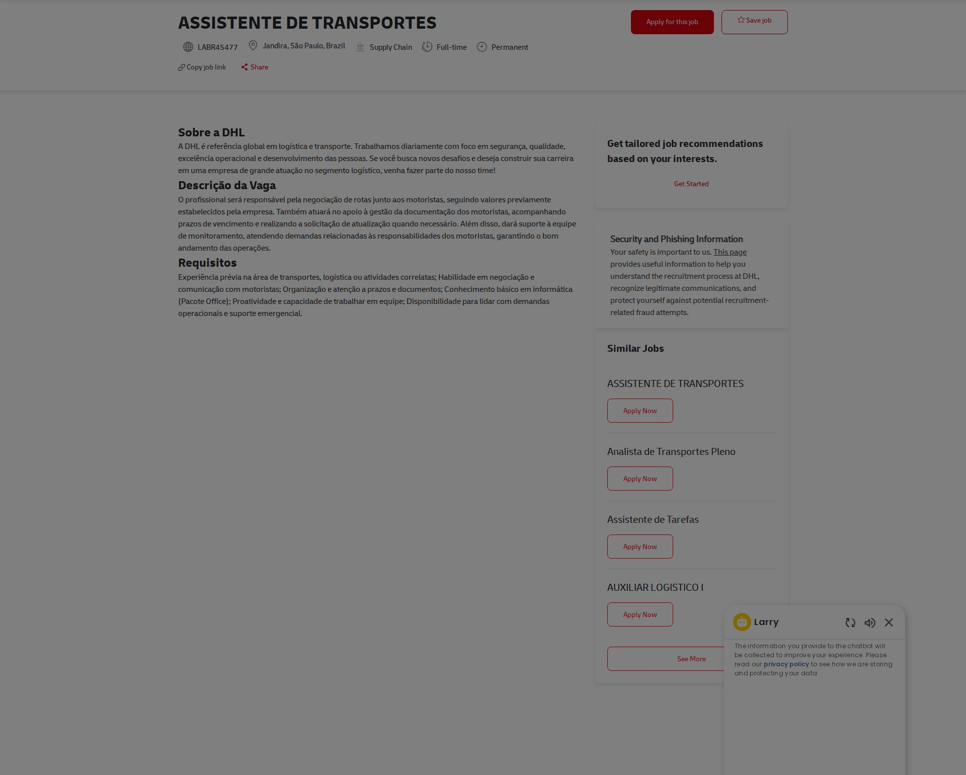 DHL ASSISTENTE DE TRANSPORTES 채용공고