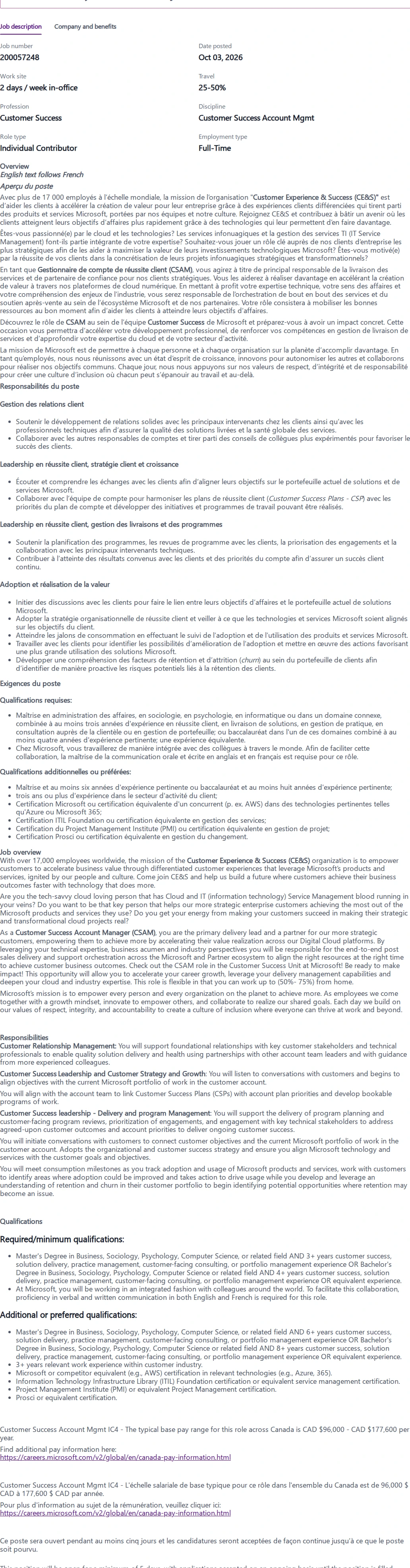 마이크로소프트(Microsoft) Gestionnaire de compte de réussite client / Customer Success Account Manager 채용공고