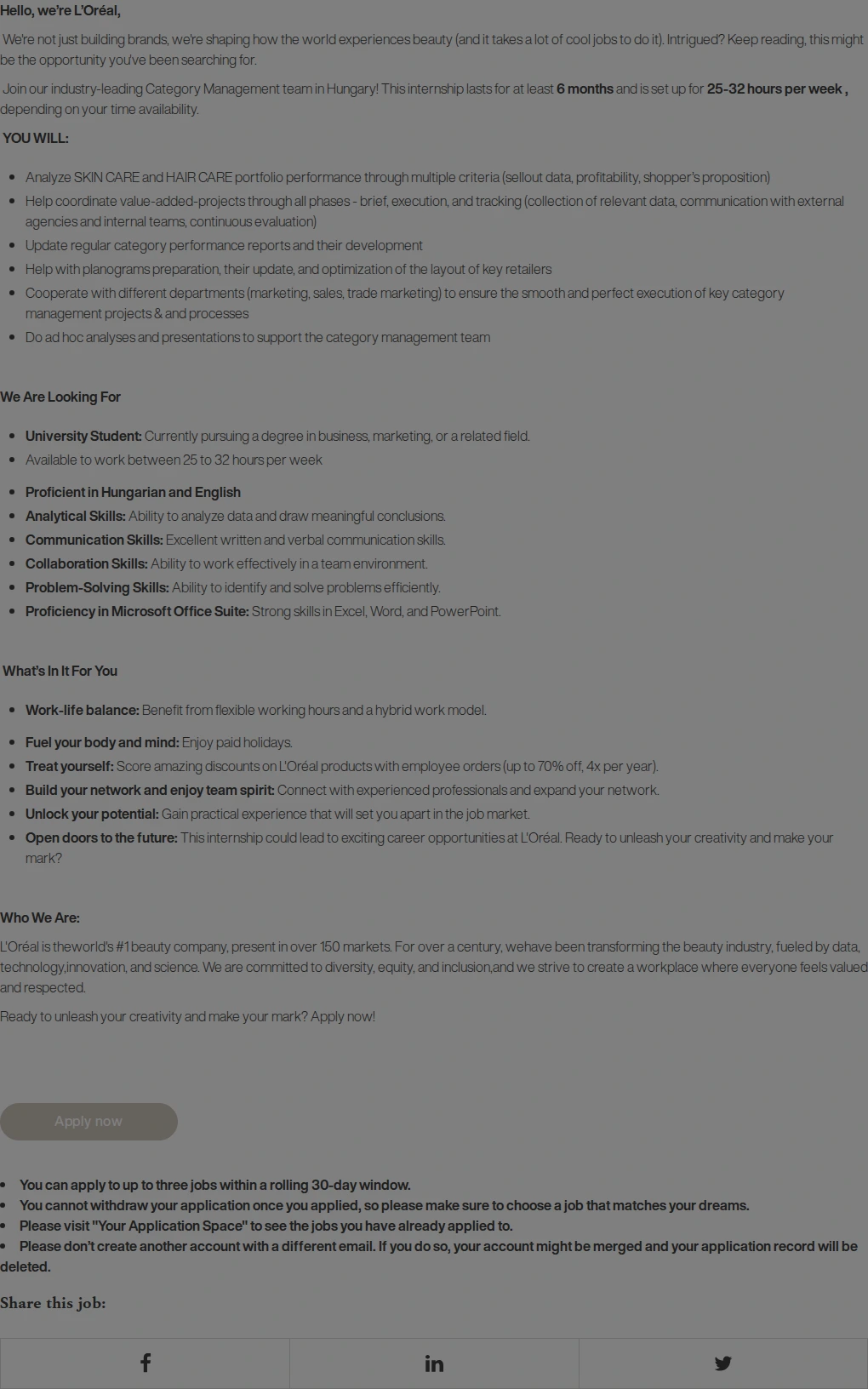 로레알(L'Oreal) Category Management Internship 채용공고