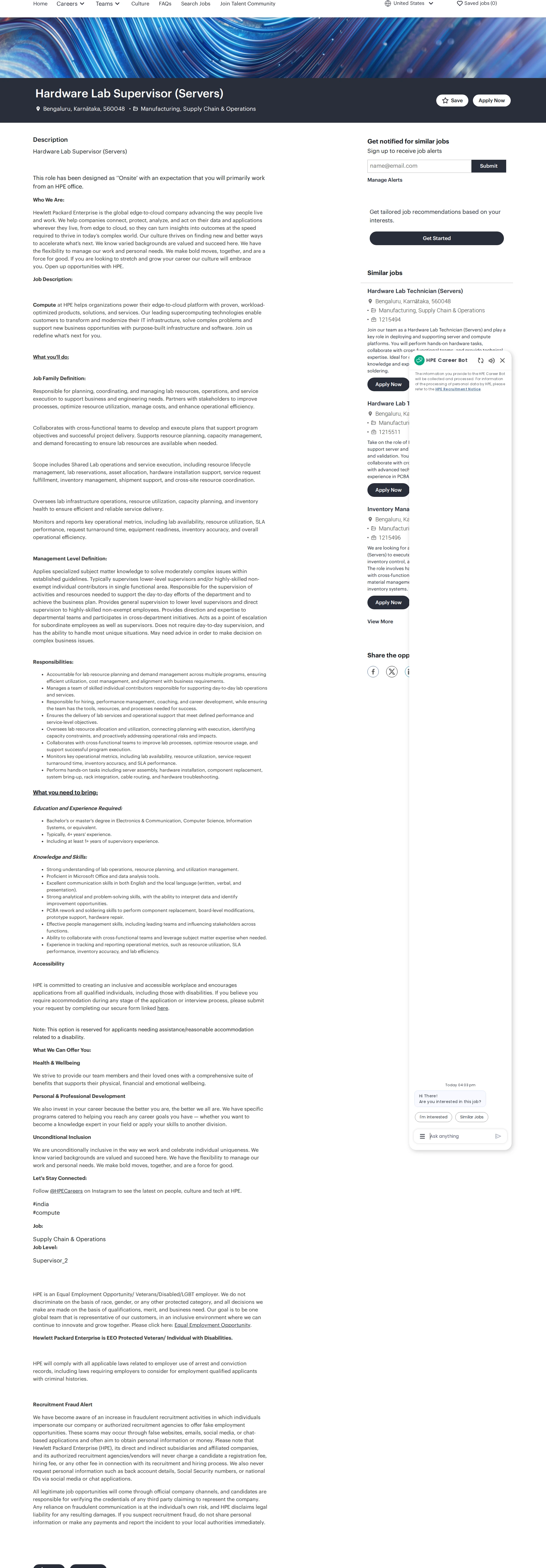 HP Hardware Lab Supervisor (Servers) 채용공고