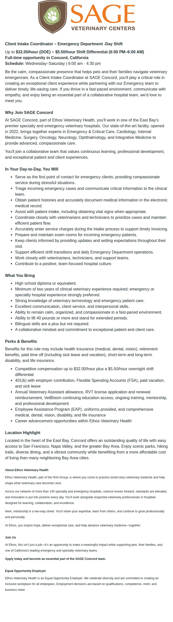 Ethos Veterinary Health Veterinary Client Intake Representative 채용공고