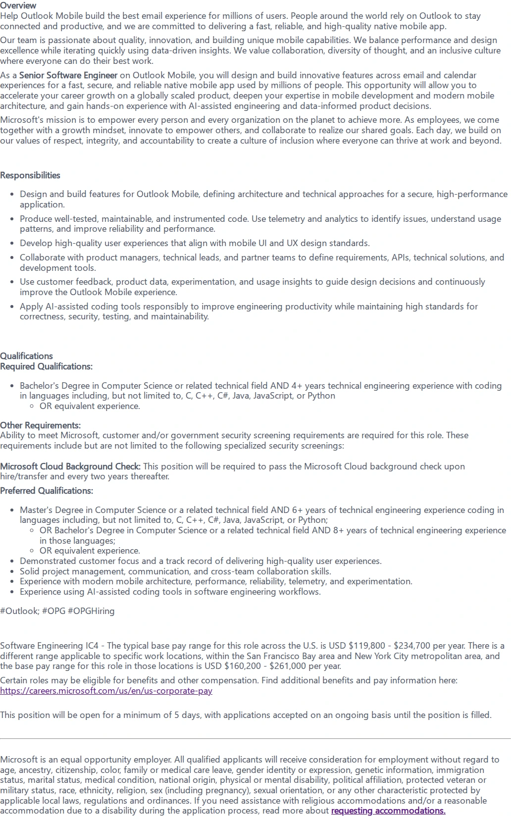 마이크로소프트(Microsoft) Software Engineering IC4 채용공고