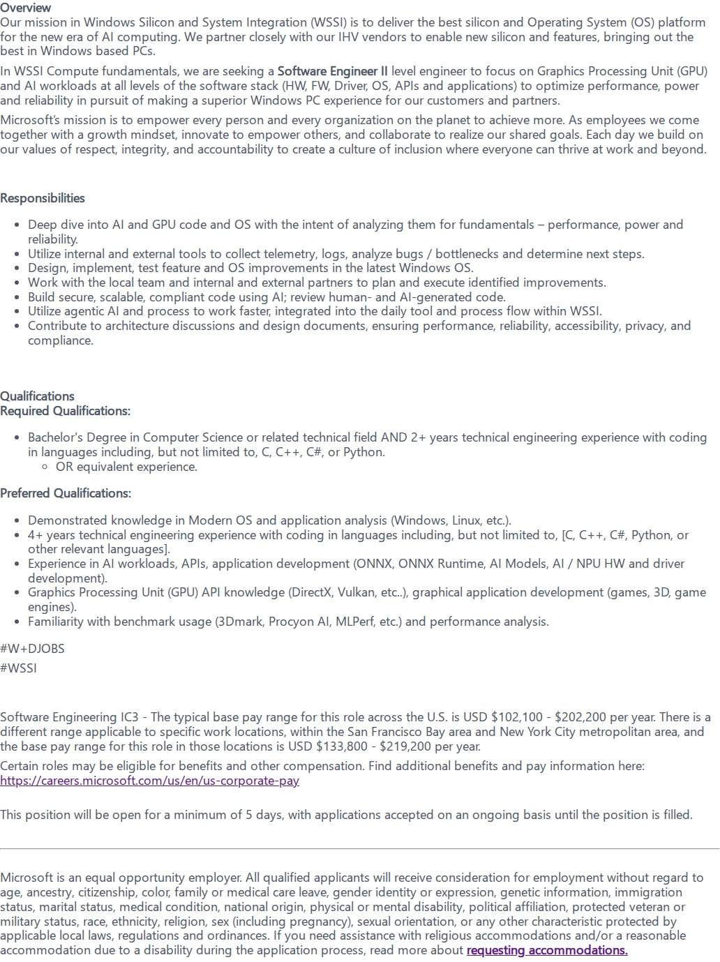 마이크로소프트(Microsoft) Software Engineer II - WSSI 채용공고