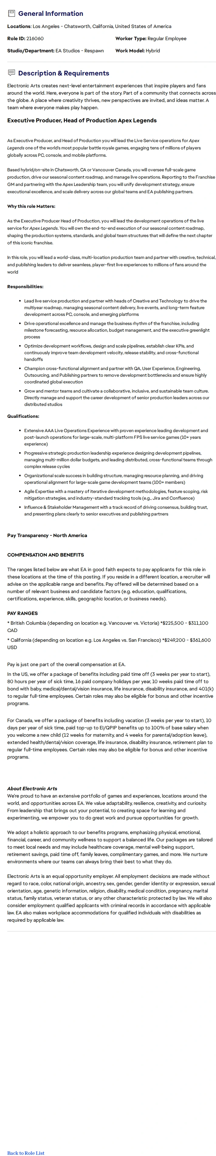 ElectronicArts Executive Producer, Head of Production (Apex Legends) 채용공고