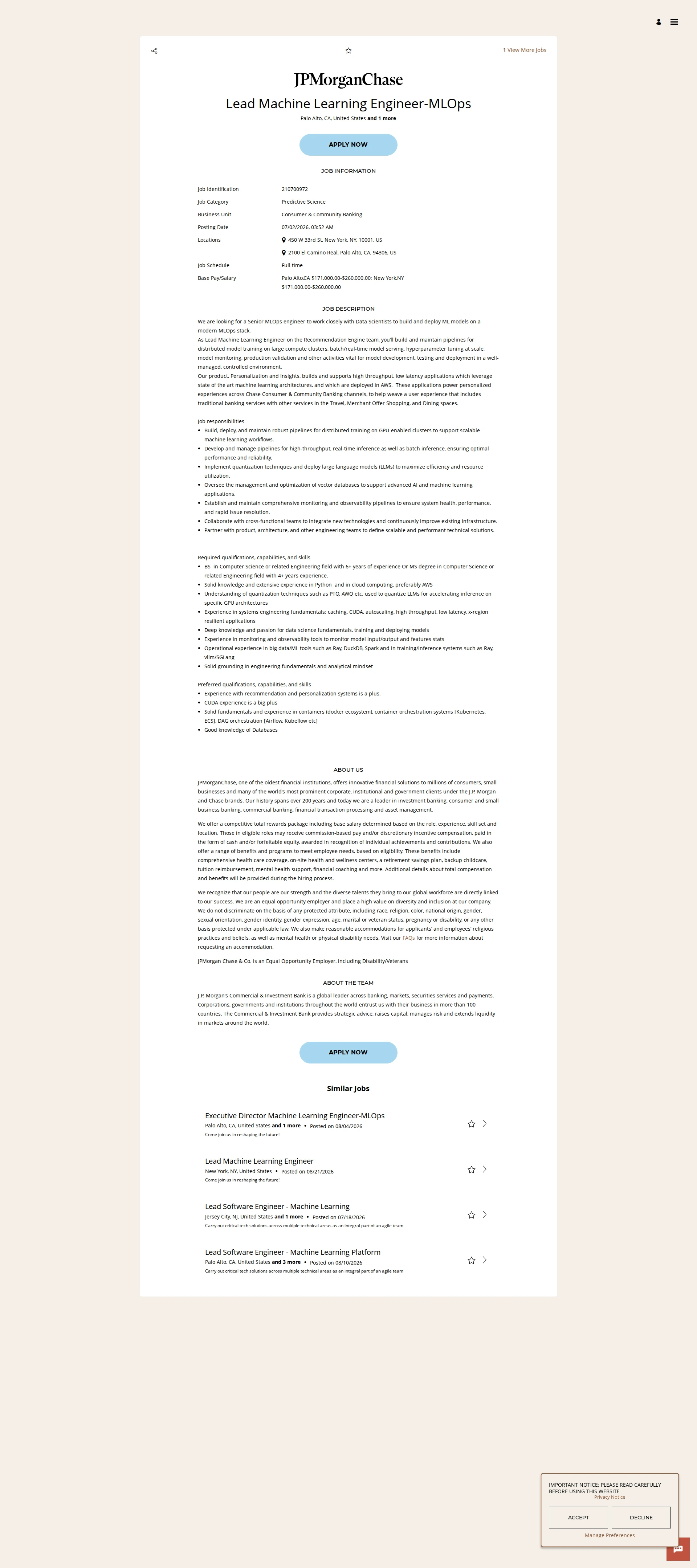 JPMorganChase Lead Machine Learning Engineer-MLOps 채용공고