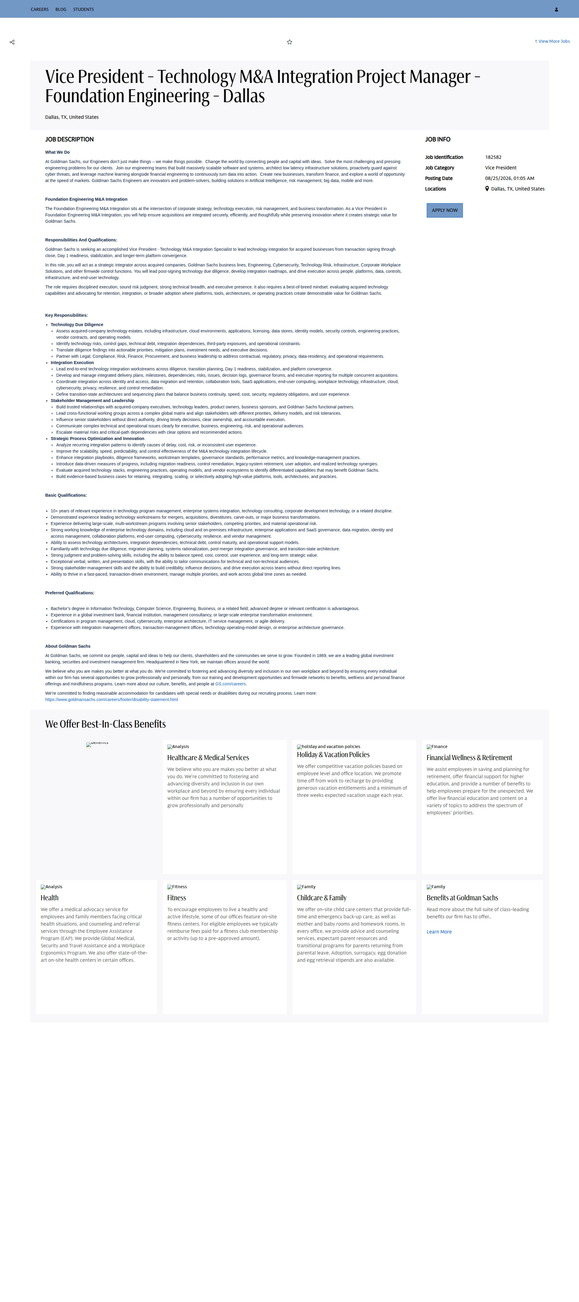 골드만삭스 Vice President - Technology M&A Integration Project Manager - Foundation Engineering - Dallas 채용공고