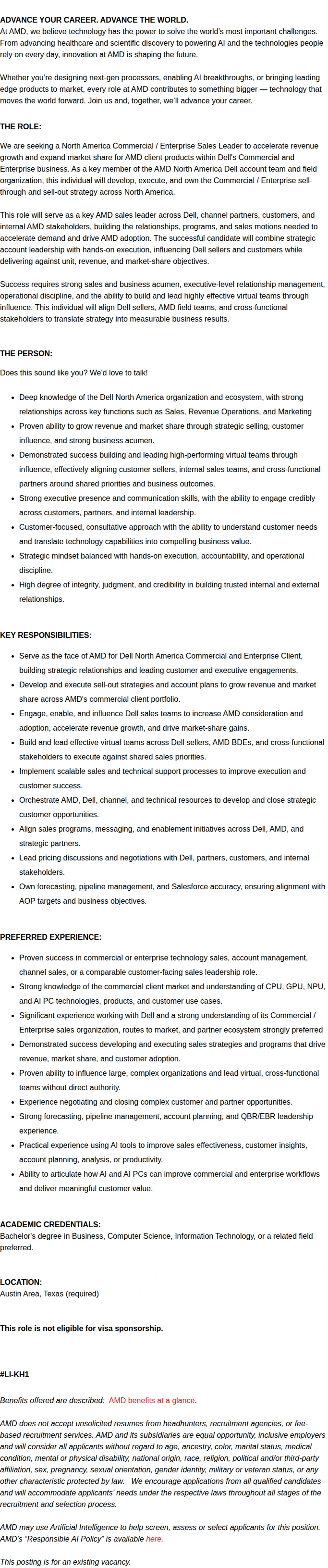 AMD Sales Manager, Commercial Client Sell-Out (Dell Account Team) – North America 채용공고